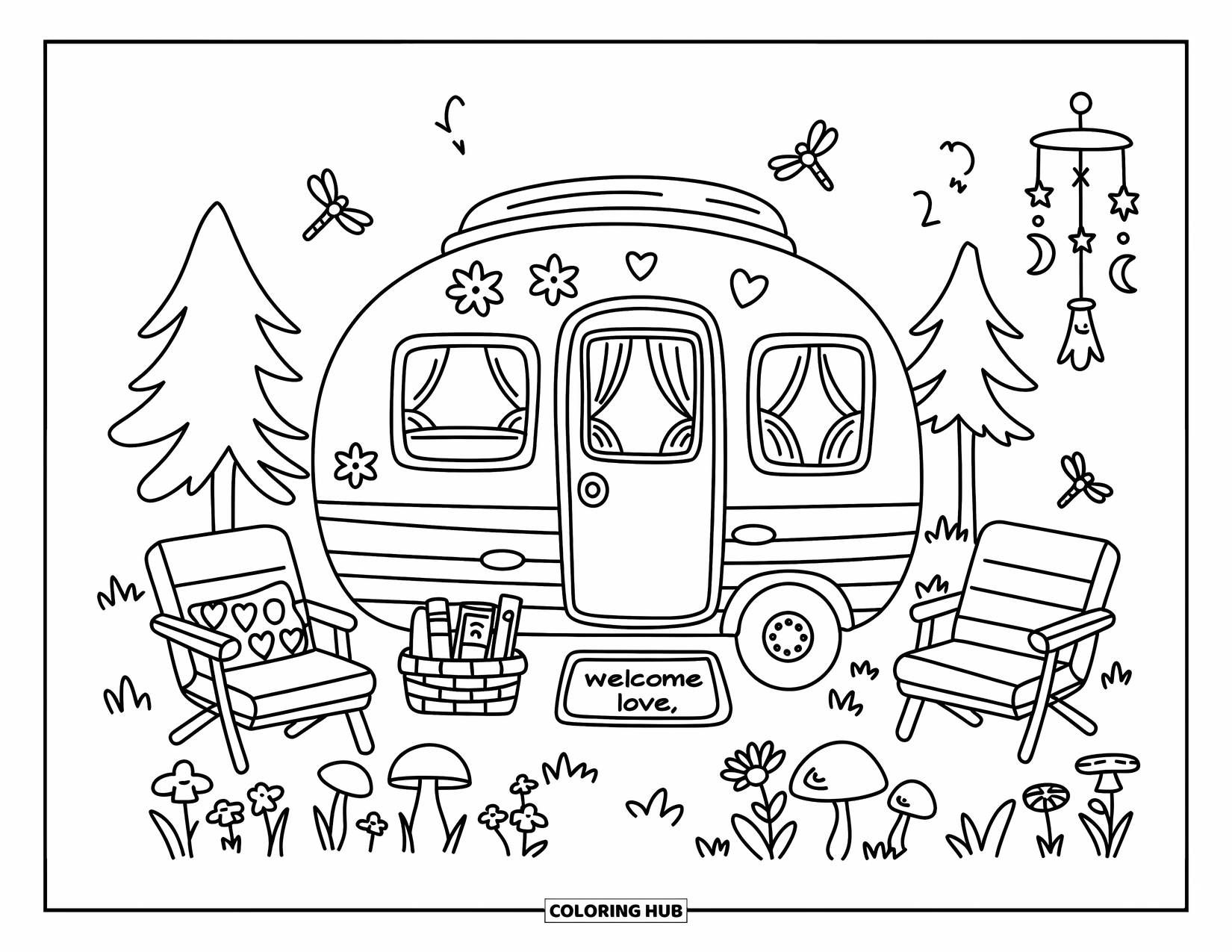 Hippie Kleurplaat voor Volwassenen: Een gezellige met bloemen bedekte caravan staat in het bos met boeken, stoelen en gloeiende vuurvliegjes