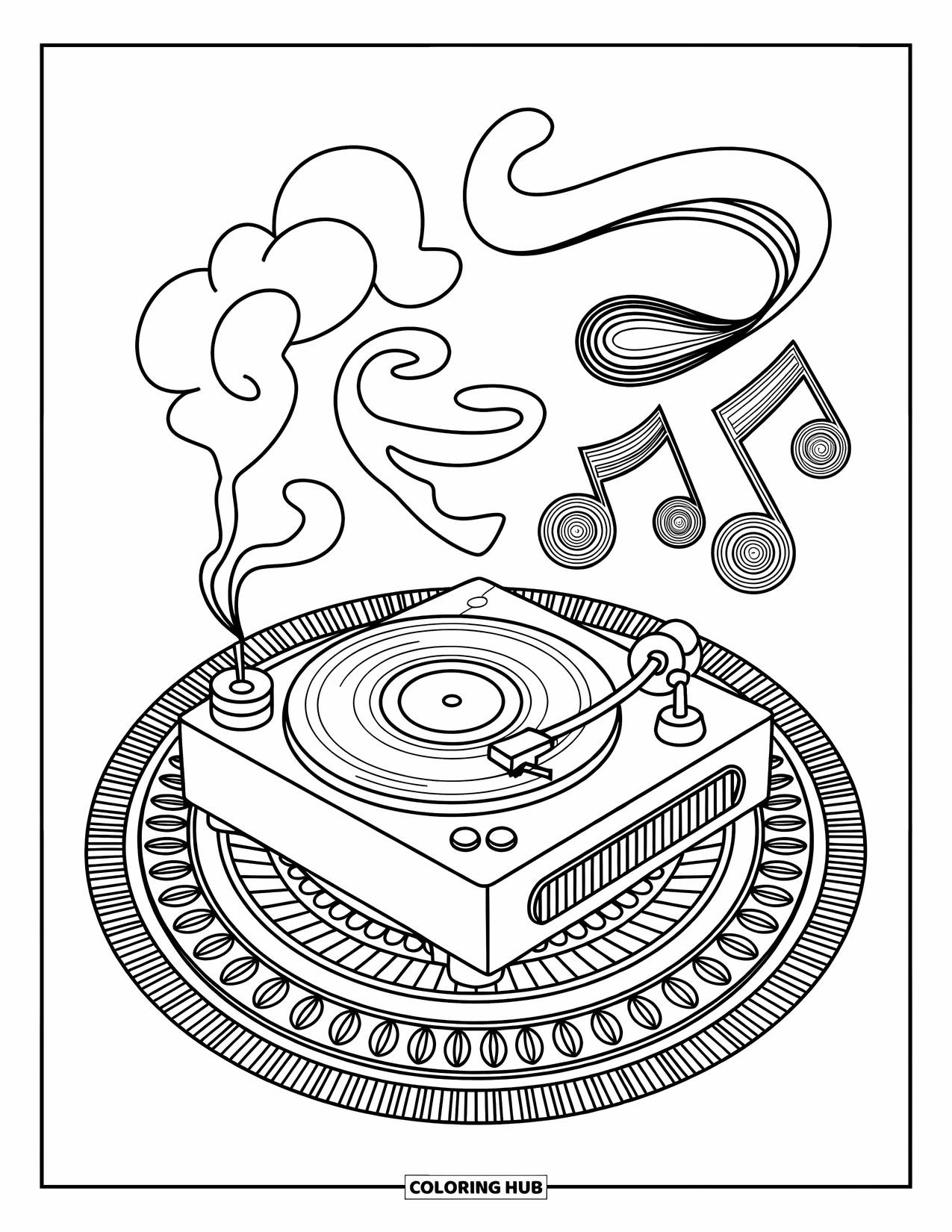 Hippie Kleurplaat voor Volwassenen: Een gezellige platenspelerscène met wierook, muziek en een prachtig gedessineerd kleed