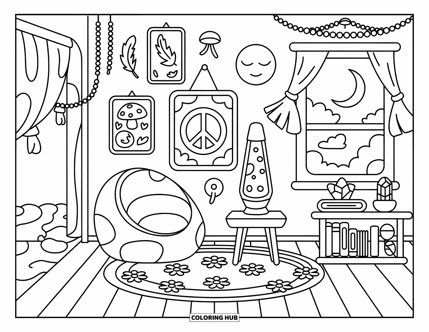 Hippie Kleurplaat voor Volwassenen: Een gezellige kamer met een zitzak, lavalamp en sterren die door het raam lachen