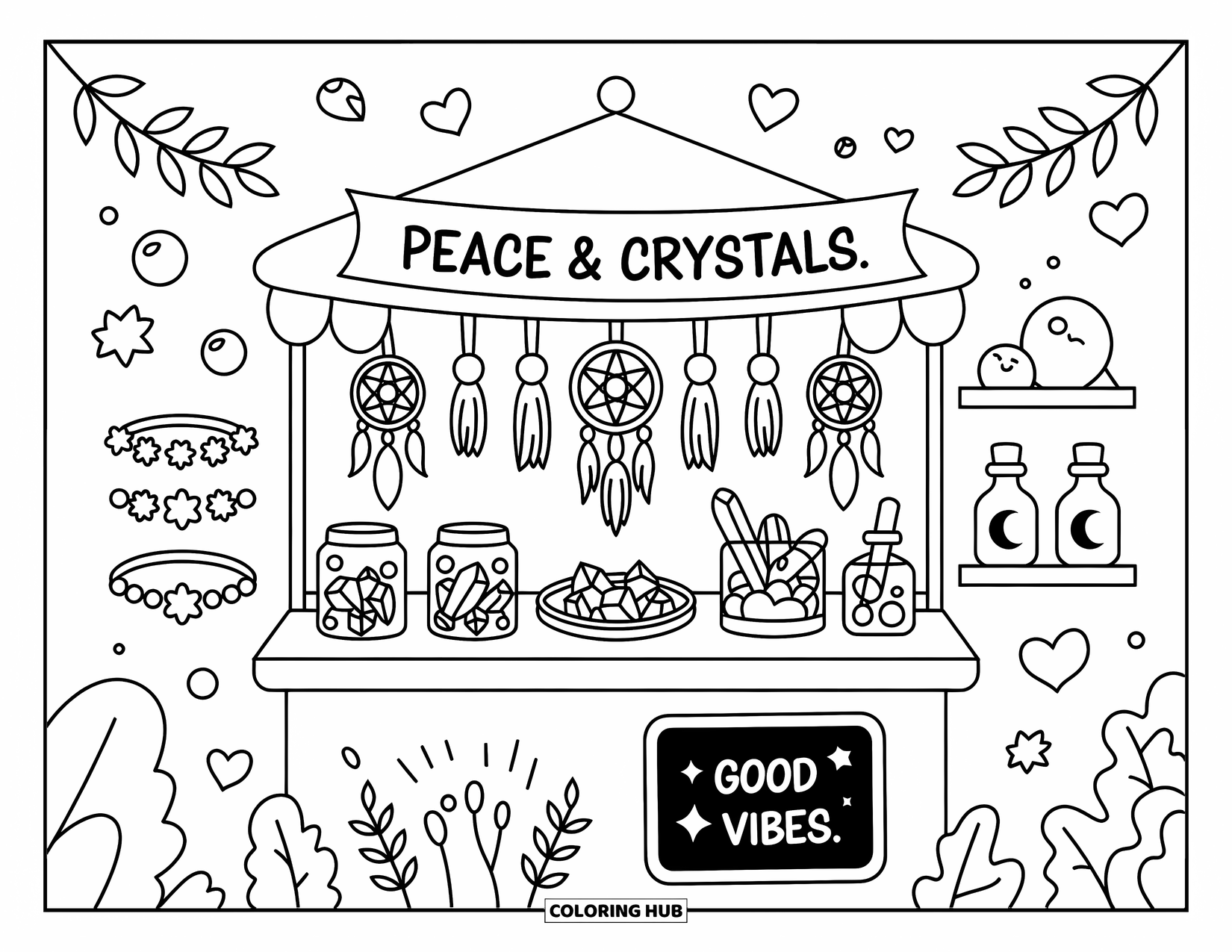 Hippie Kleurplaat voor Volwassenen: Een kristallen standaard gevuld met dromenvangers, sprankelende edelstenen en een Good Vibes bord