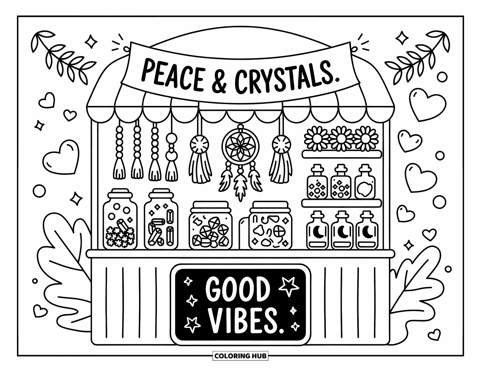 Hippie Kleurplaat voor Volwassenen: Een schattig marktkraam dat kristallen, maanflessen en dromenvangers verkoopt met een Good Vibes bord