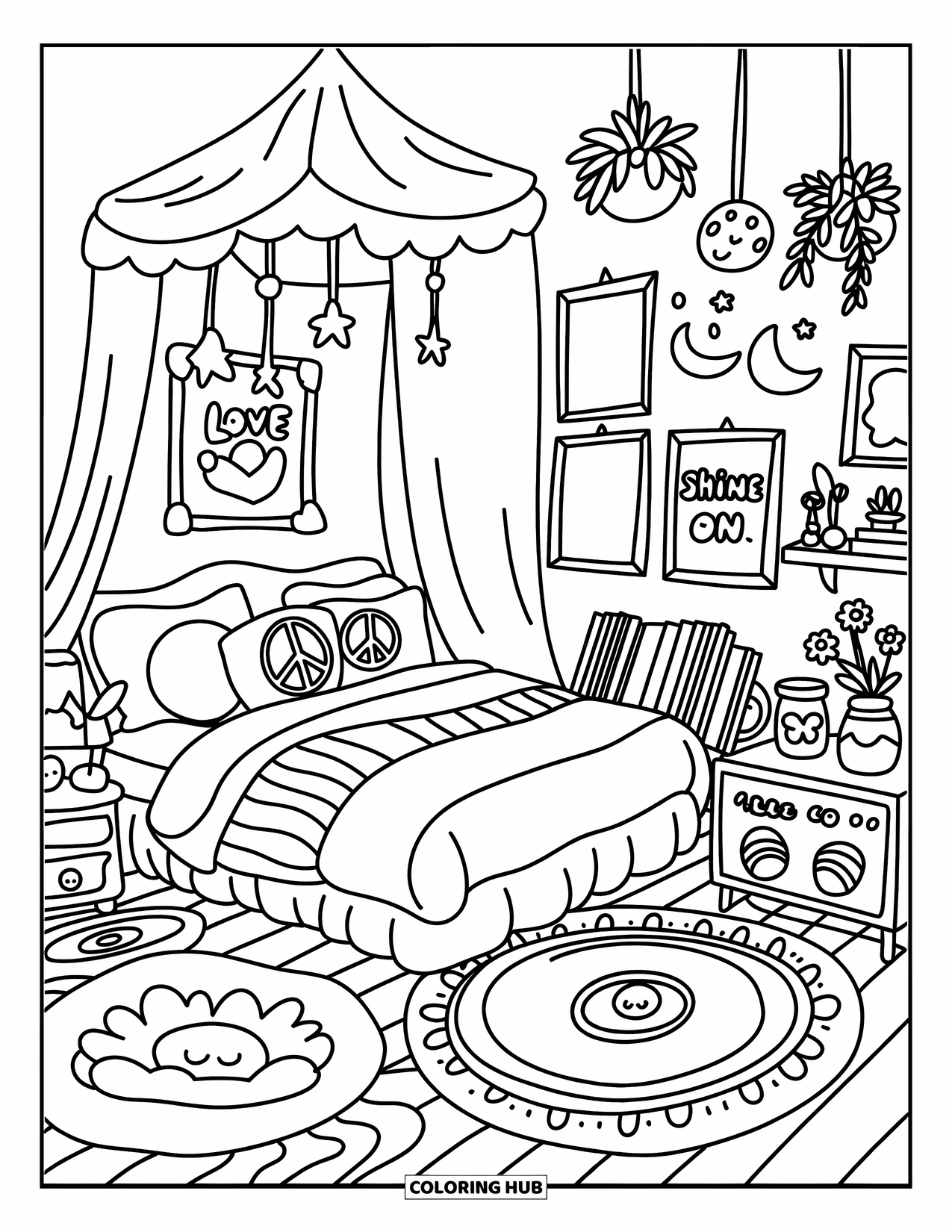 Hippie Kleurplaat voor Volwassenen: Een leuke kamer met maanlampen, platen en posters die Love en Groovy zeggen