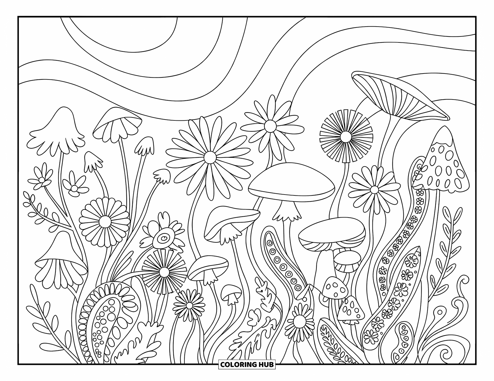 Hippie Kleurplaat voor Volwassenen: Een veld met paddenstoelen en wilde bloemen wervelt met paisley- en bloemmotieven
