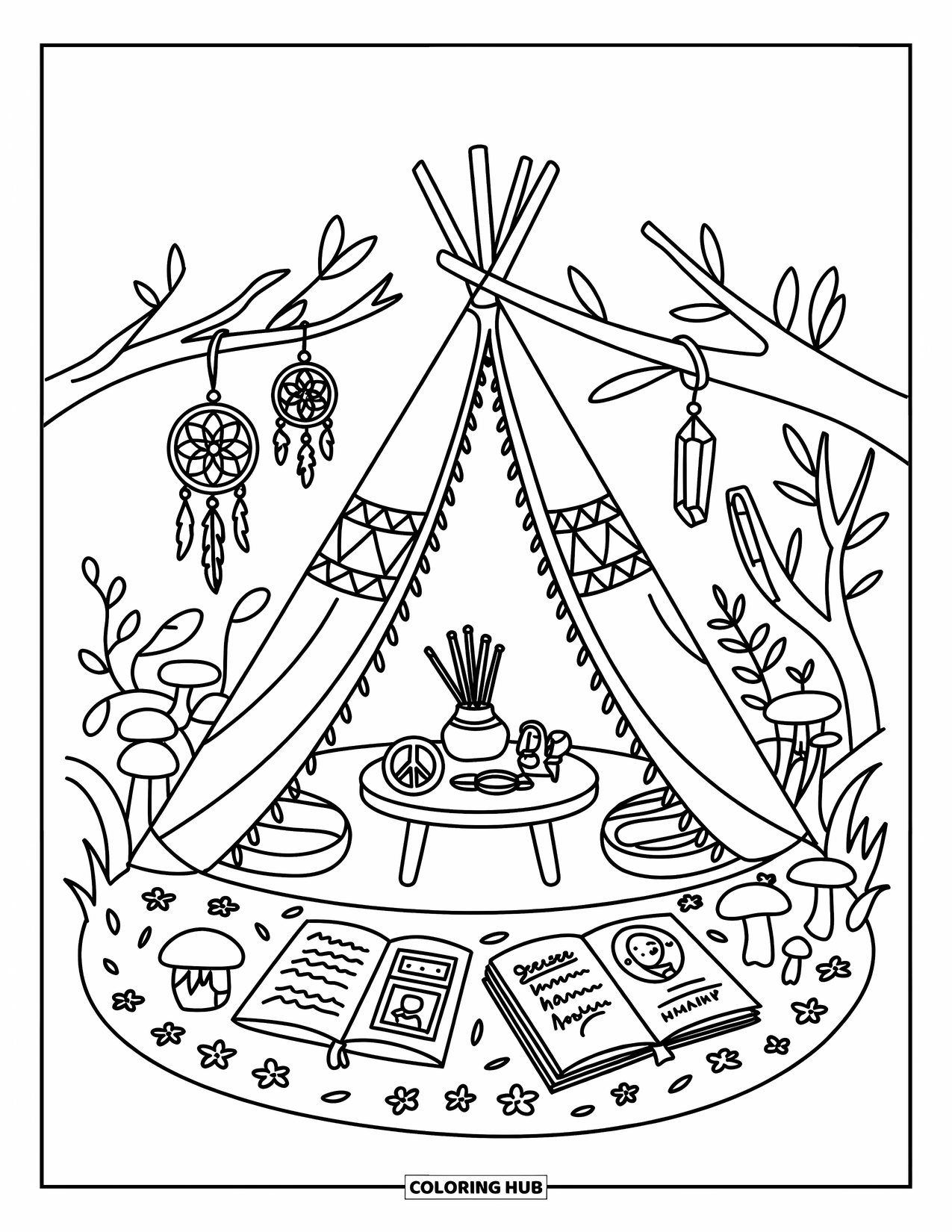 Hippie Kleurplaat voor Volwassenen: Een met bloemen gevuld bos met een tipi, dromenvangers en vredessnuisterijen binnenin