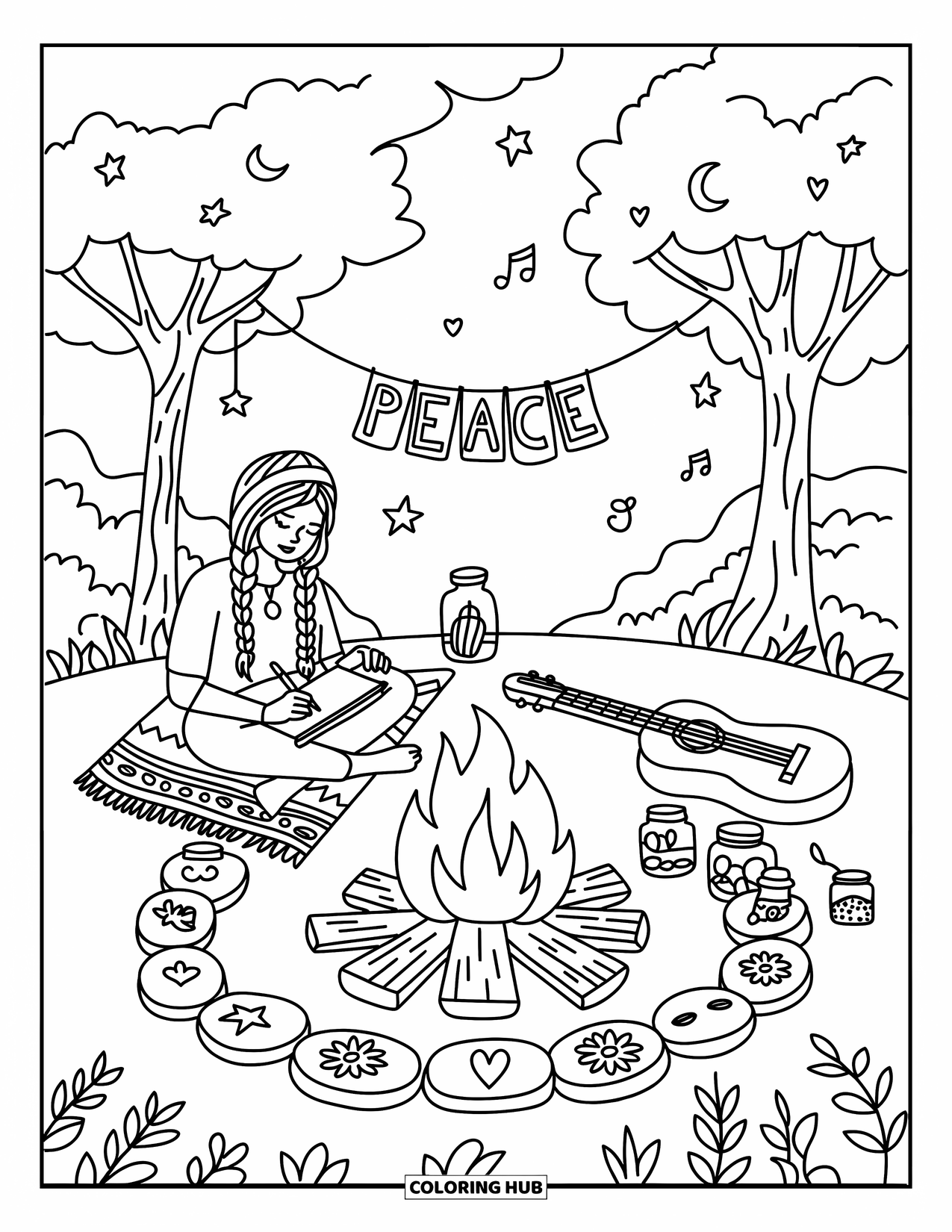 Hippie Kleurplaat voor Volwassenen: Een meisje schrijft bij het vuur met kristallen, thee en muziek onder een sterrenhemel