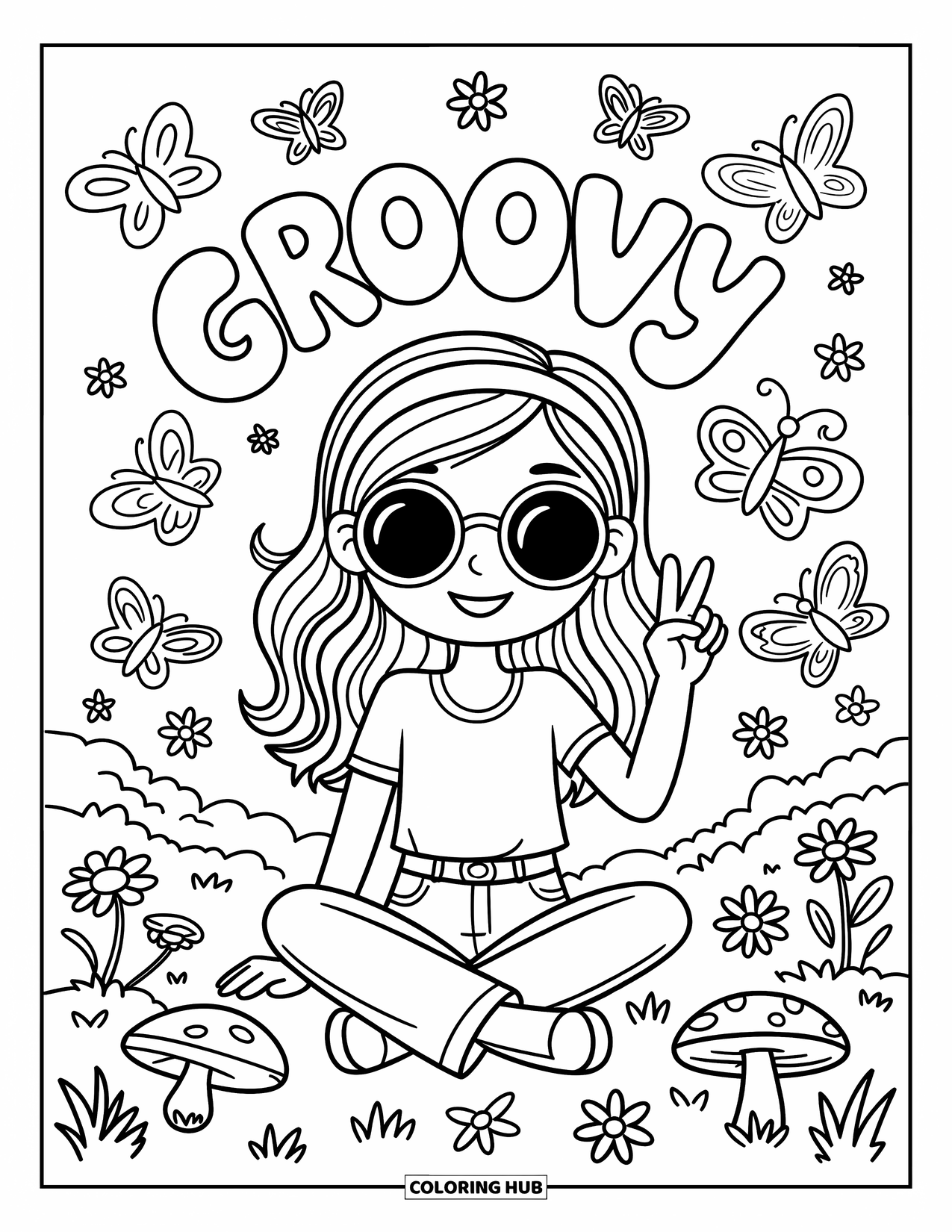 Hippie Kleurplaat voor Volwassenen: Een groovy meisje met een zonnebril en sterren op haar jeans zit in een bloemrijke weide