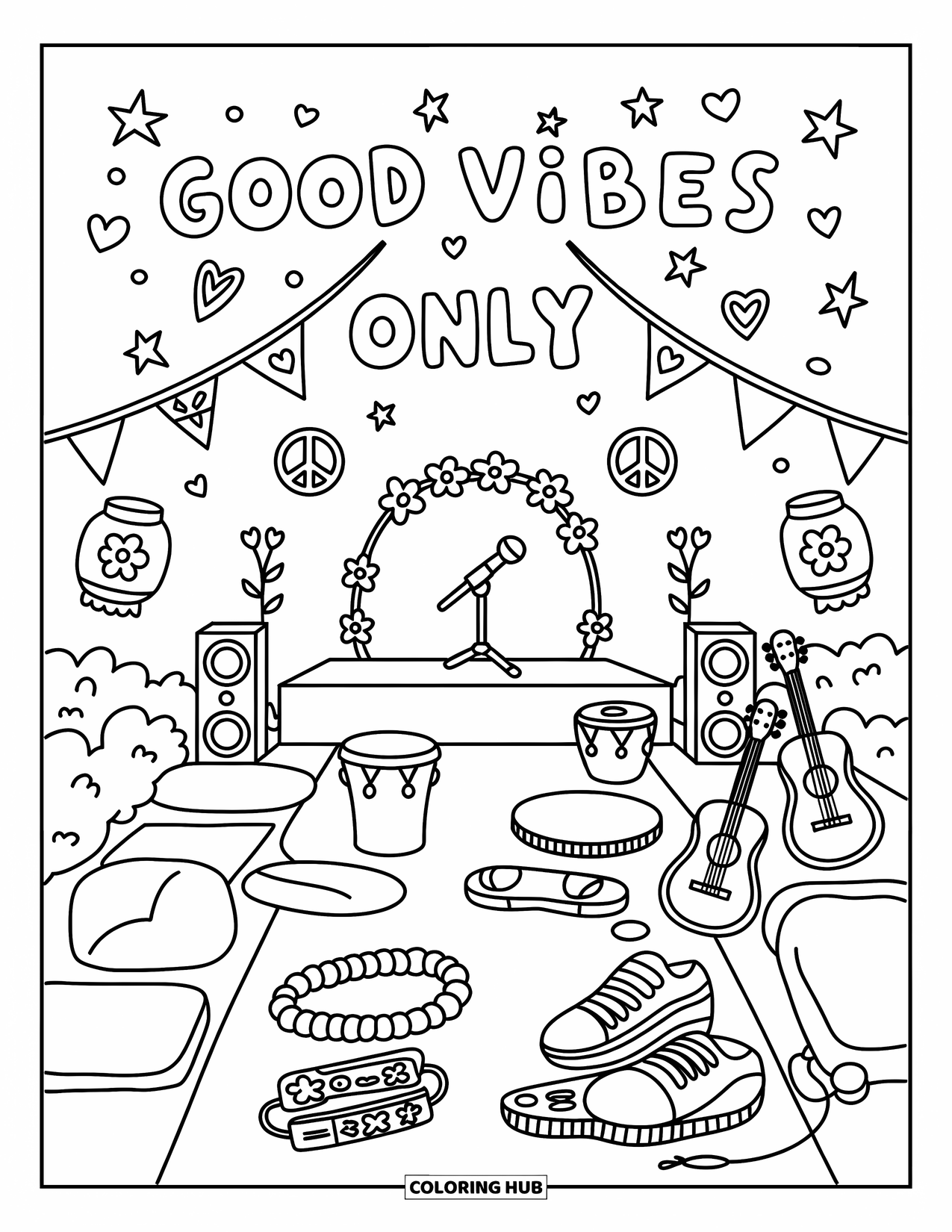 Hippie Kleurplaat voor Volwassenen: Een groovy muziekfestival met vredestekens, gitaren en Good Vibes Only in bubbelletters