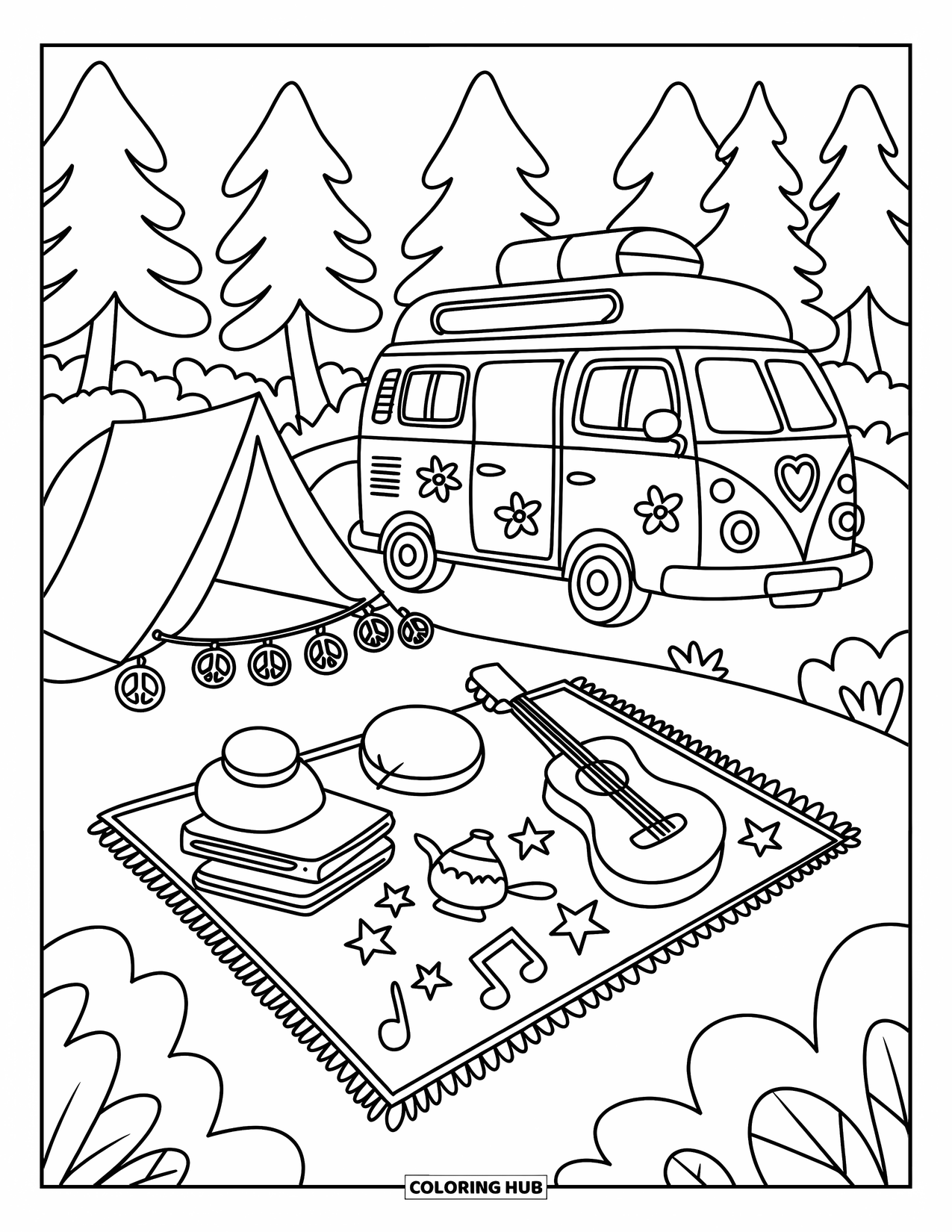 Hippie Kleurplaat voor Volwassenen: Een groovy busje en picknickkleed vol met platen, sterren en vredeslichtjes