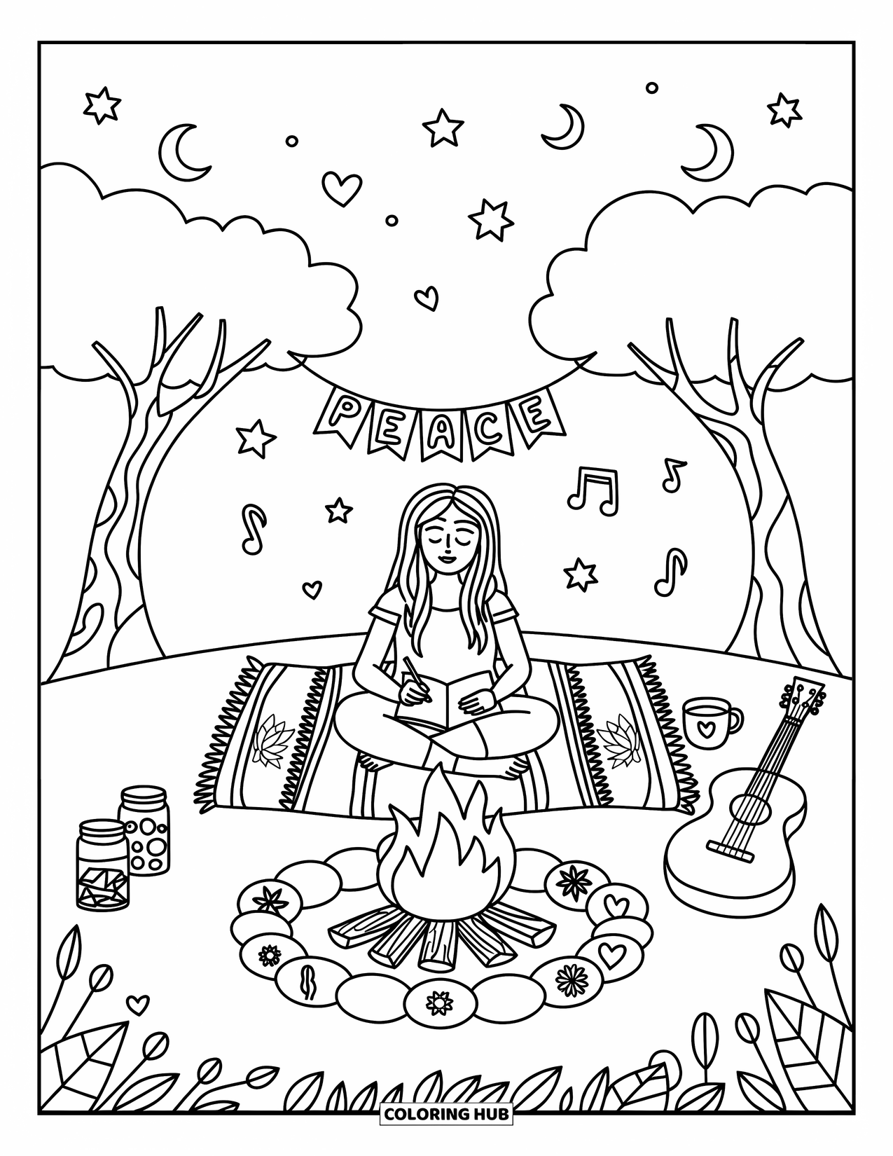 Hippie Kleurplaat voor Volwassenen: Een dagboekmoment bij het vuur met sterren, kristallen en zwevende vredestekens