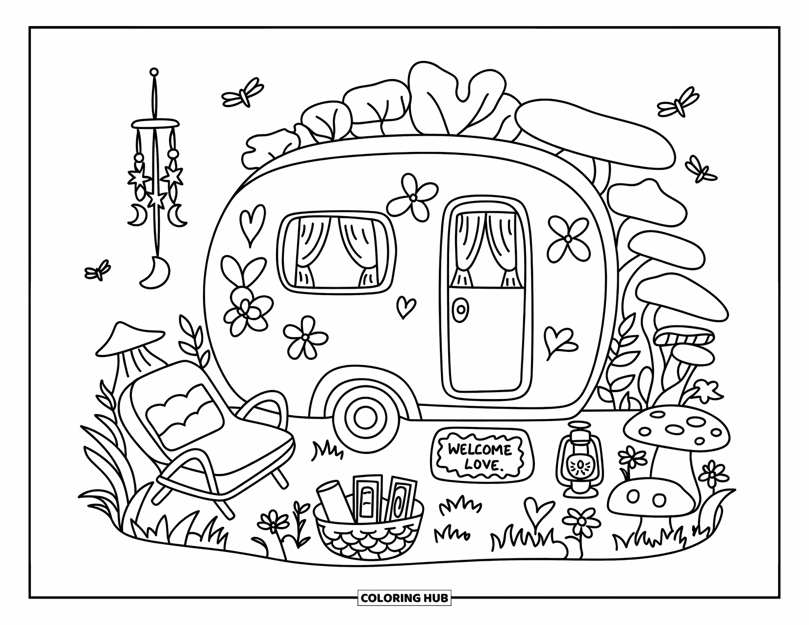 Hippie Kleurplaat voor Volwassenen: Een kleine caravan met een kralengordijn en bloemdecoratie staat in de buurt van paddenstoelen en wilde bloemen