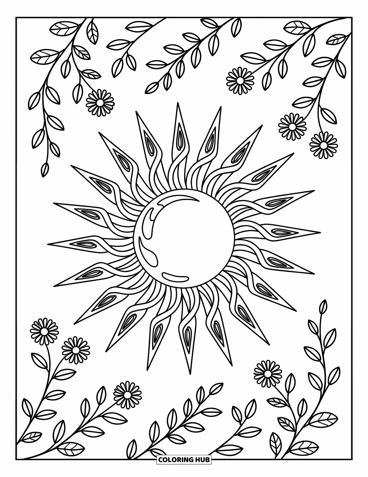 Hippie Kleurplaat voor Volwassenen: Een mandala-zon gloeit met wervelende stralen, wijnranken en bloemmotieven rondom