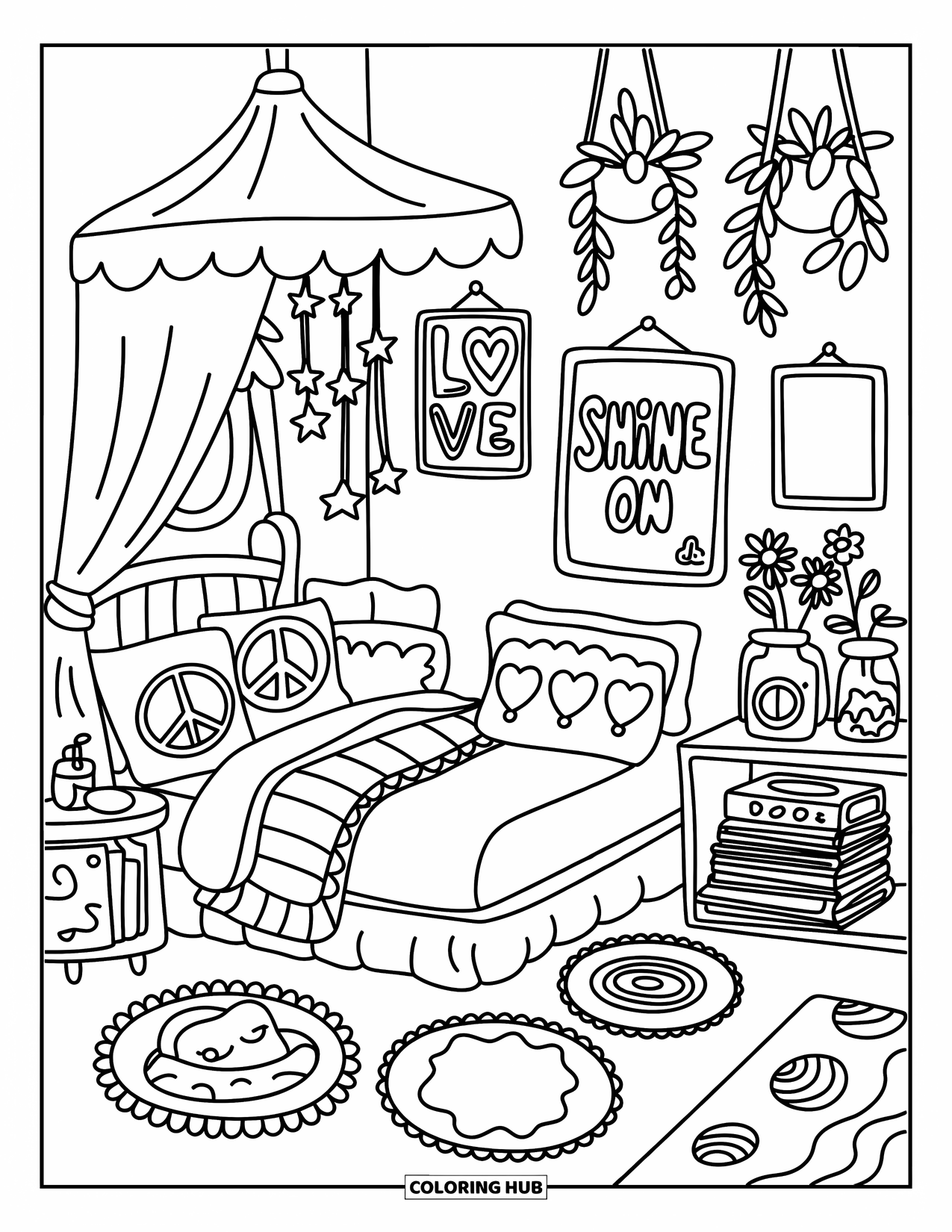 Hippie Kleurplaat voor Volwassenen: Een vredige slaapkamer met planten, posters en een zacht bed met sterrenslingers