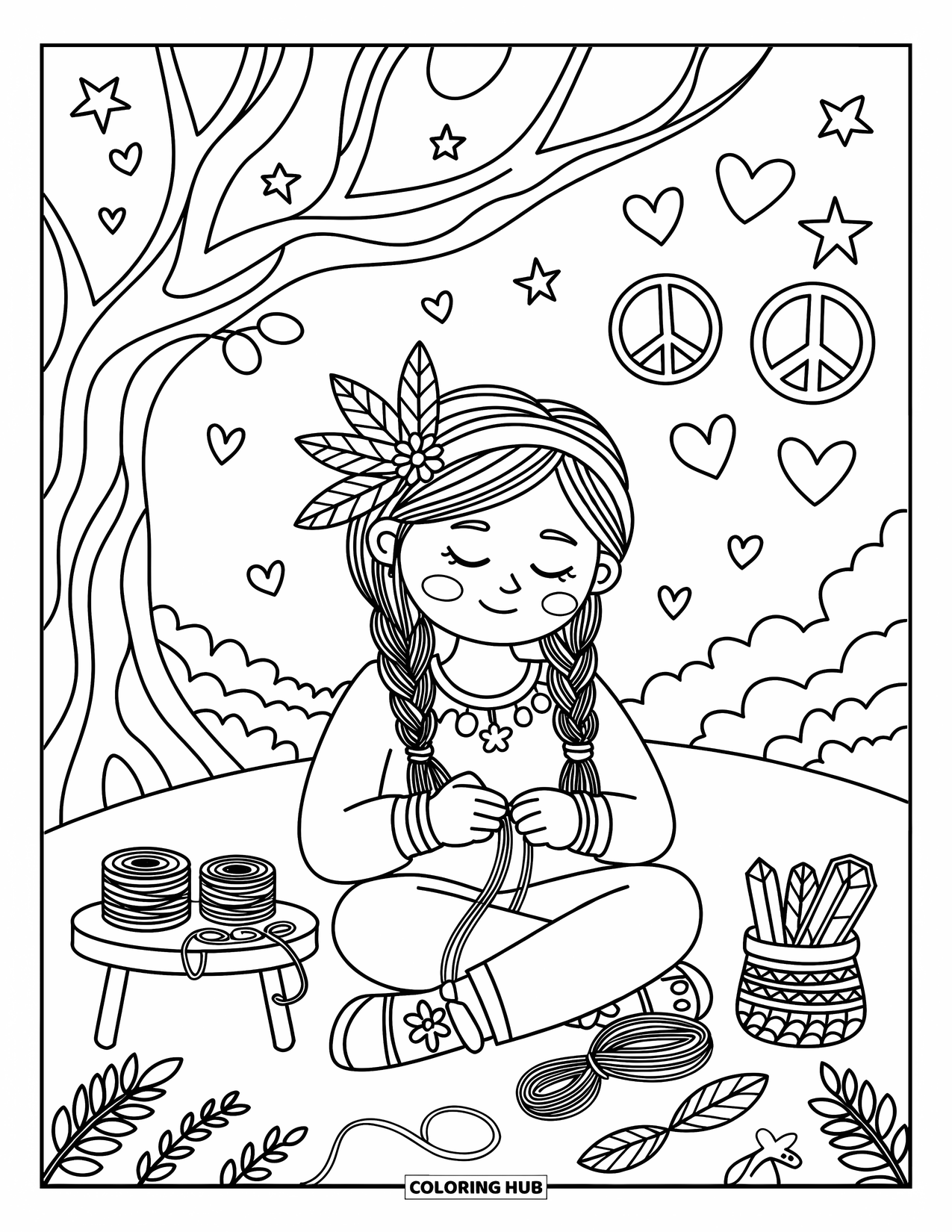 Hippie Kleurplaat voor Volwassenen: Een vredig moment onder een boom met vriendschapsarmbanden, veren en kleine kristallen