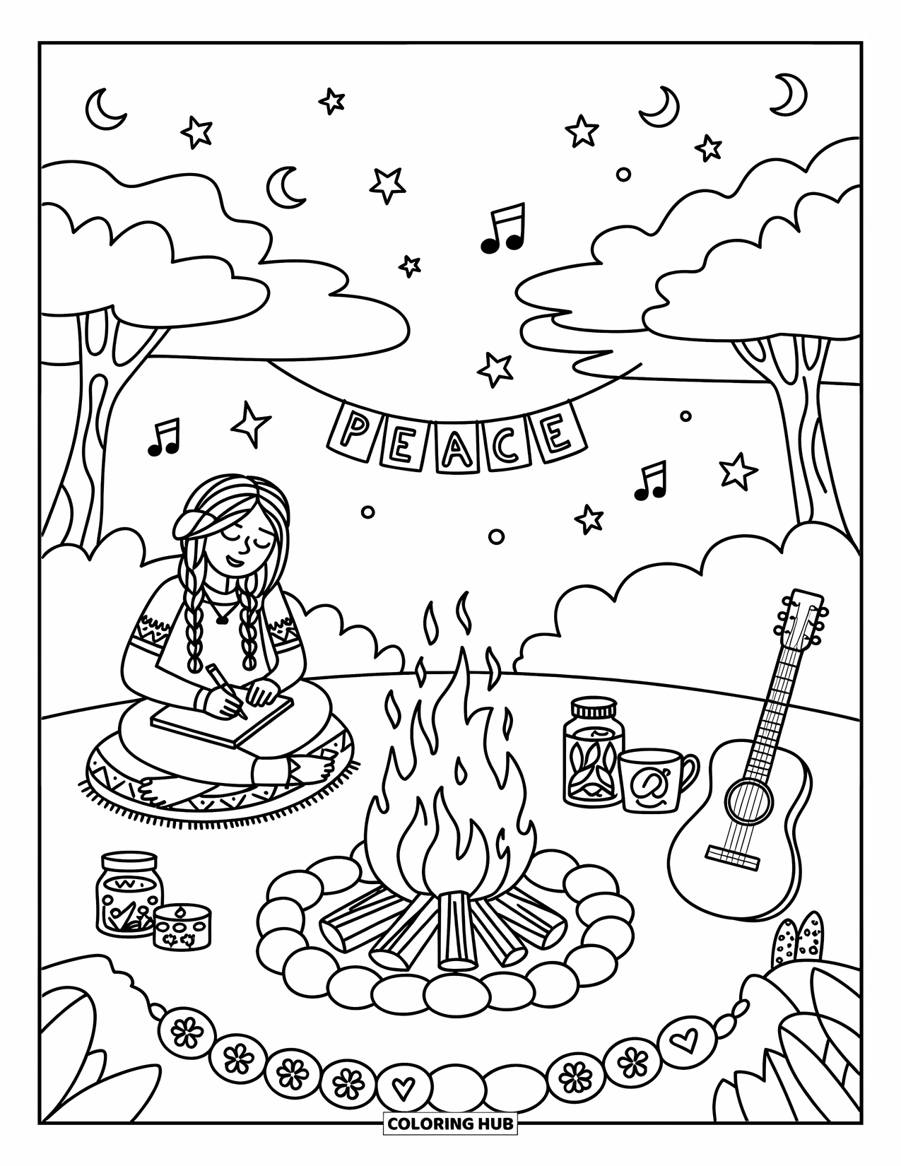 Hippie Kleurplaat voor Volwassenen: Een vredige nacht bij het vuur met thee, muzieknoten en maanverlichte sterren erboven