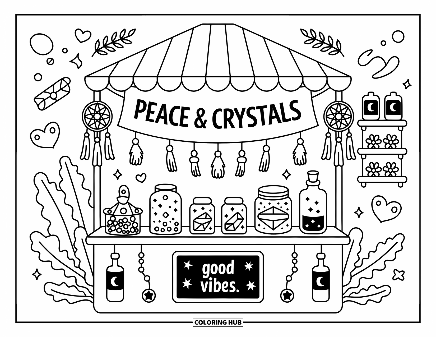Hippie Kleurplaat voor Volwassenen: Een vredig kraam met kristallen, armbanden en zwevende harten onder een Peace & Crystals banner