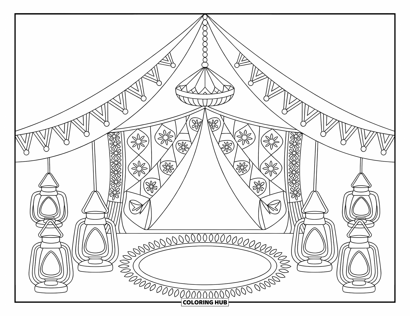 Hippie Kleurplaat voor Volwassenen: Een vredige tent gloeit met gedessineerde lichten, geweven kleden en artistieke wandtapijten