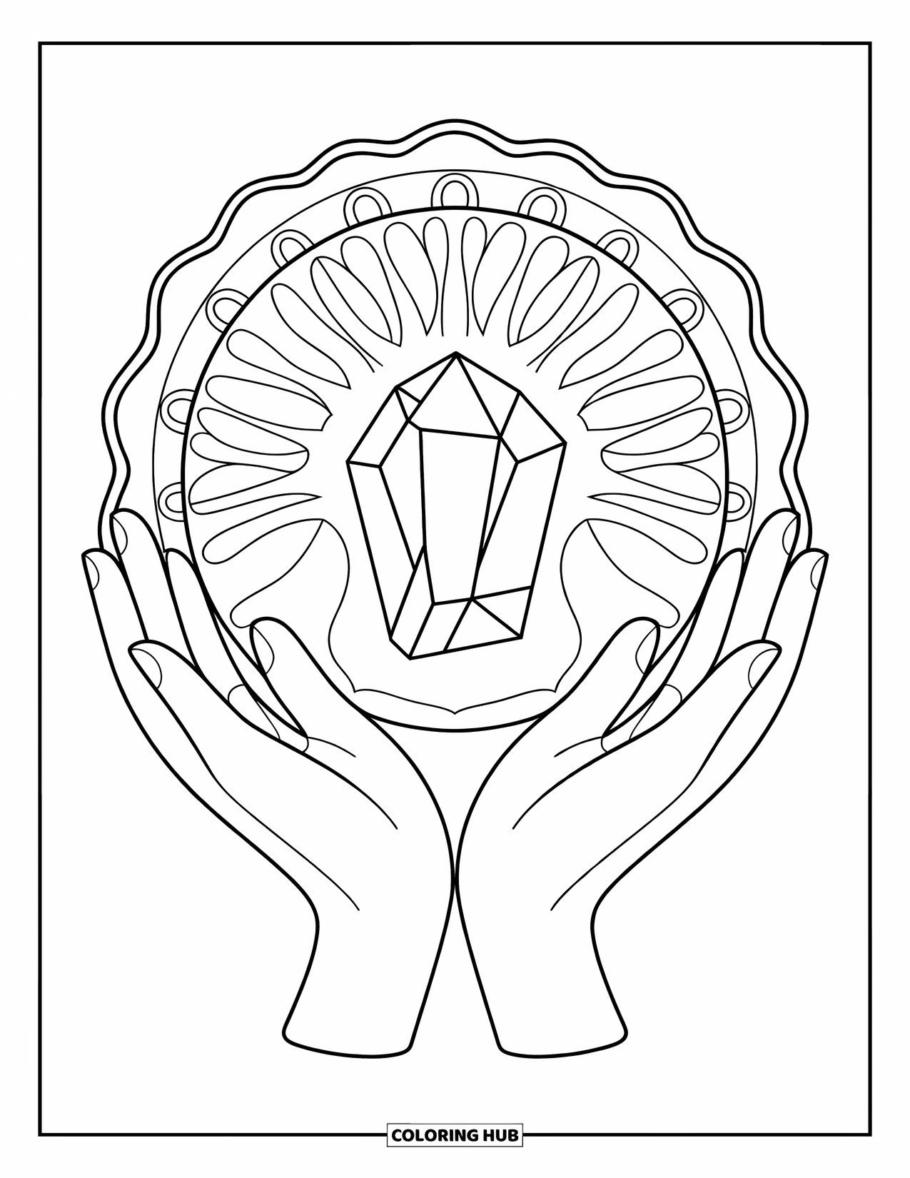 Hippie Kleurplaat voor Volwassenen: Een stralende mandala gloeit achter handen die een kristal vasthouden, omringd door delicate patronen