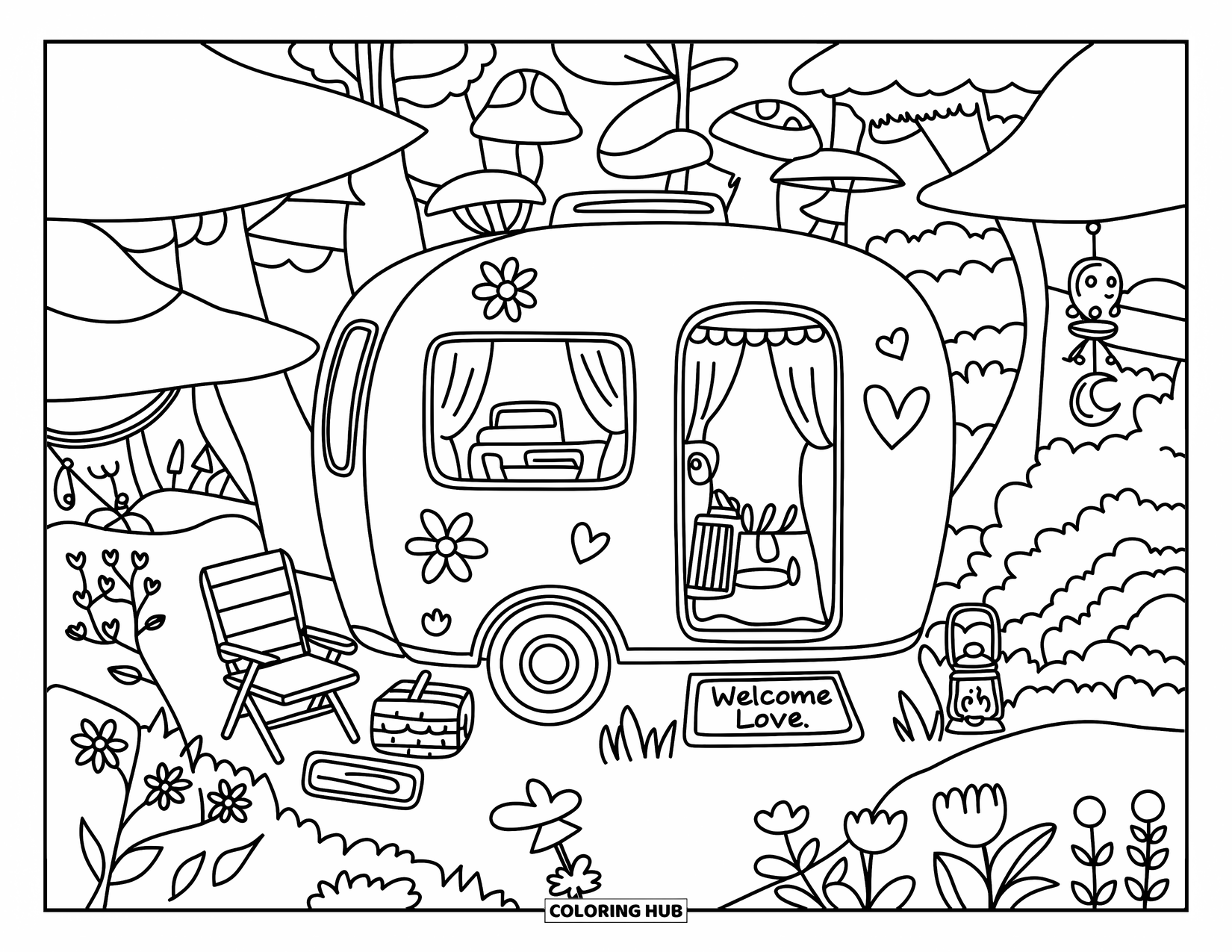 Hippie Kleurplaat voor Volwassenen: Een afgeronde caravan met harten en bloemen rust vredig tussen lantaarns en paddenstoelen