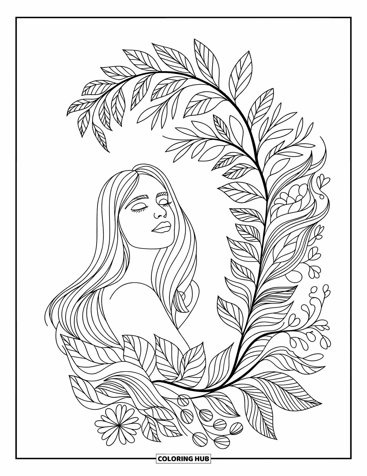 Hippie Kleurplaat voor Volwassenen: Een serene vrouw met vloeiend haar wordt omlijst door een bloeiende bloemen aura