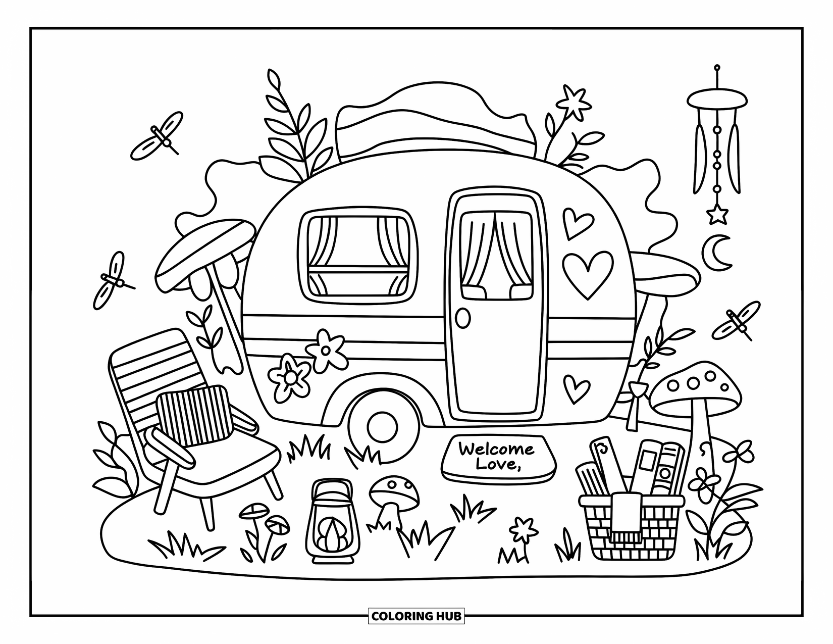 Hippie Kleurplaat voor Volwassenen: Een lieflijk boskonvooi met campingstoelen, boeken en magische vuurvliegjes