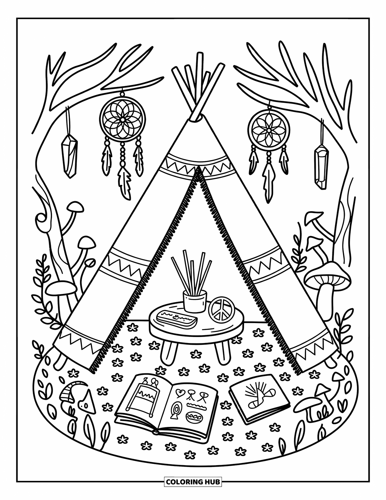 Hippie Kleurplaat voor Volwassenen: Een tipi staat in een bloemenveld met kristallen, schetsen en dromenvangers erboven