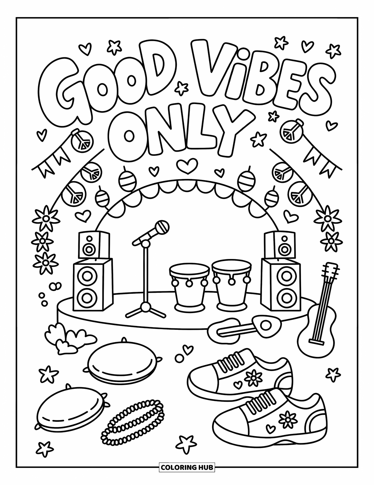 Hippie Kleurplaat voor Volwassenen: Een klein podium met vredesvlaggen en drums nodigt iedereen uit om te chillen met Good Vibes Only