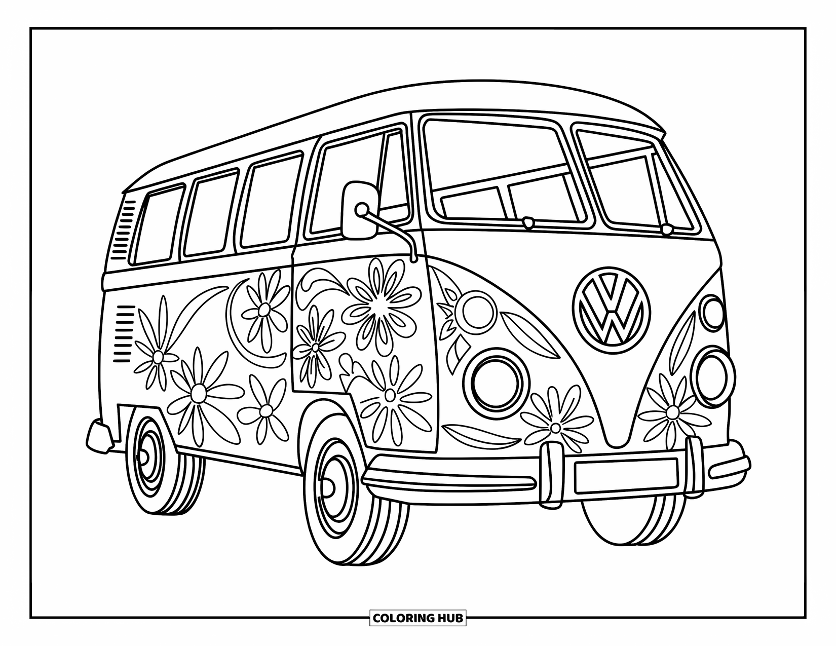 Hippie Kleurplaat voor Volwassenen: Een vintage VW-bus knalt met psychedelische bloemen en een evenwichtig, gedetailleerd ontwerp