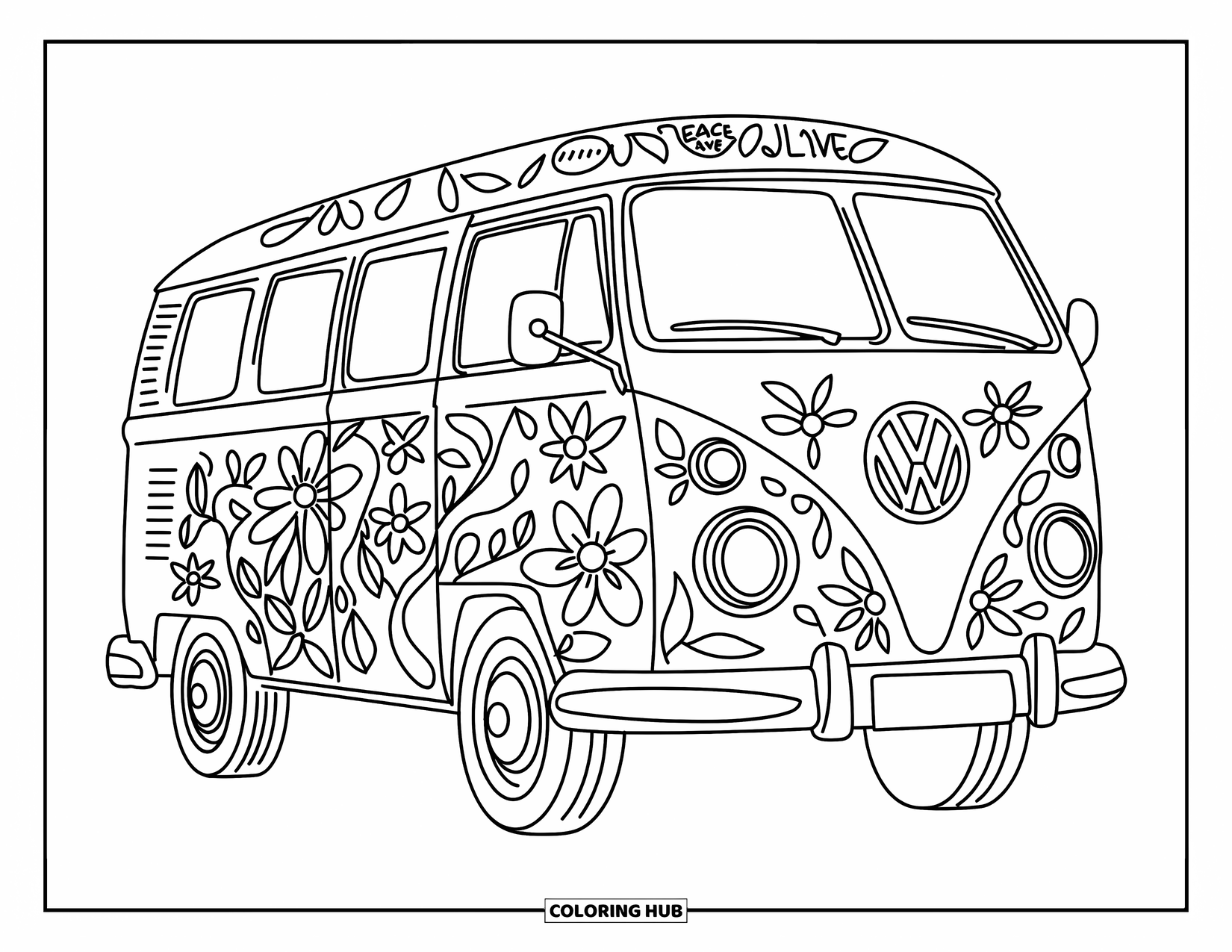Hippie Kleurplaat voor Volwassenen: Een VW-bus barst van de wervelende bloemen, wijnranken en vredestekens in vooraanzicht