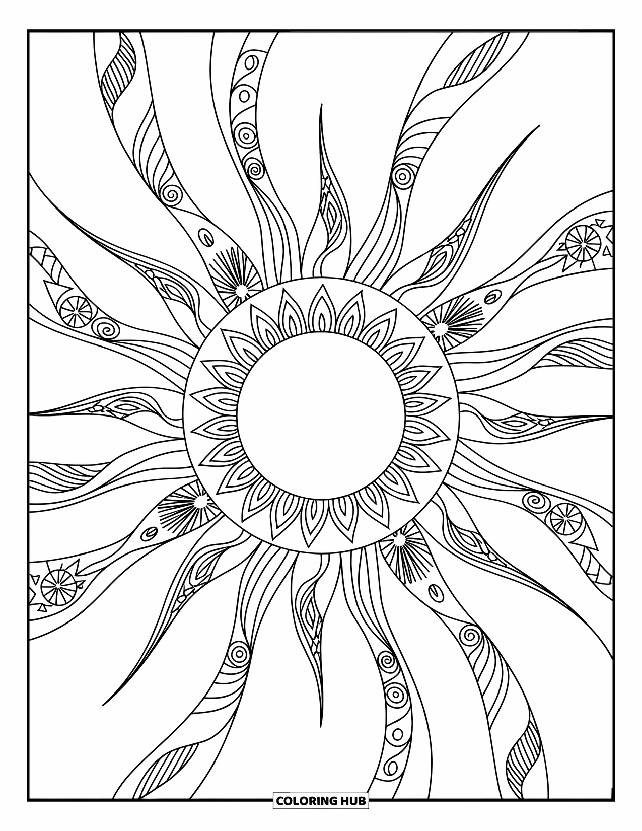 Hippie Kleurplaat voor Volwassenen: Abstracte stralen en bloemen stralen uit een gedurfde, vredige mandala-zon