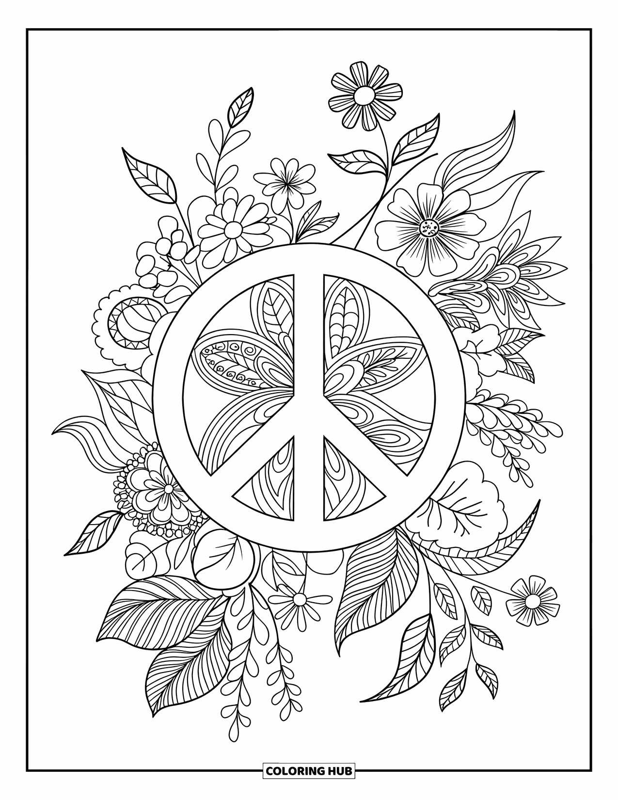 Hippie Kleurplaat voor Volwassenen: Een ingewikkelde mandala combineert vredestekens en bloemwervelingen in perfecte harmonie