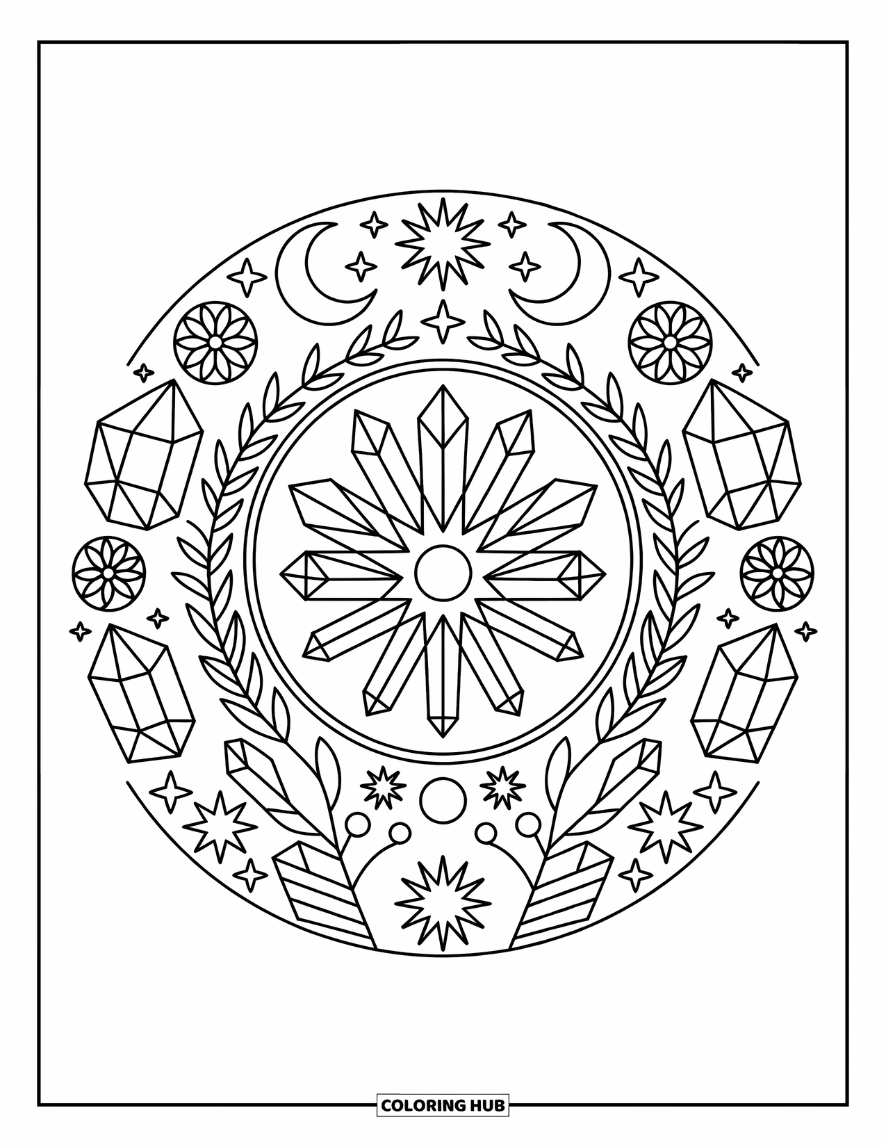 Hippie Kleurplaat voor Volwassenen: Kristallen, sterren, manen en bloemen wervelen in een prachtige, evenwichtige harmoniecirkel