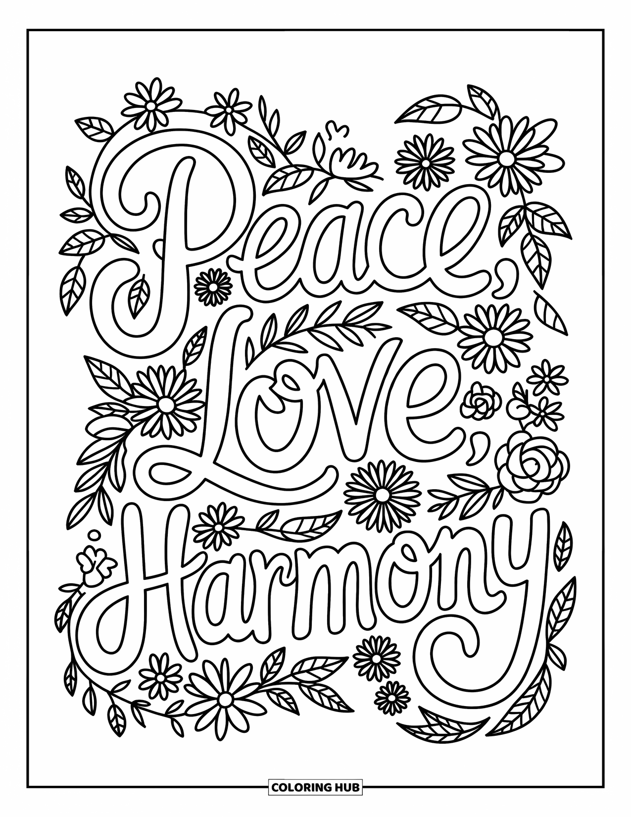 Hippie Kleurplaat voor Volwassenen: Decoratieve bloemen en vlinders omringen de woorden Peace, Love, Harmony in een delicaat schrift
