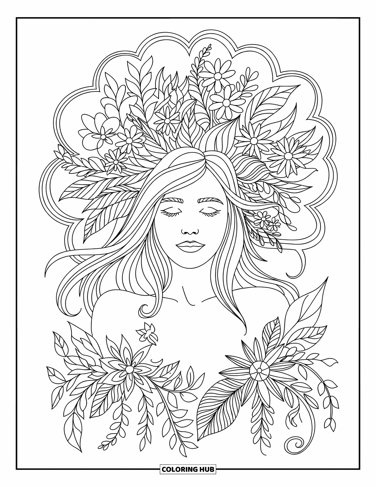 Hippie Kleurplaat voor Volwassenen: Vloeiend haar en zachte bloemblaadjes omringen een vrouw in kalme, bloemrijke meditatie