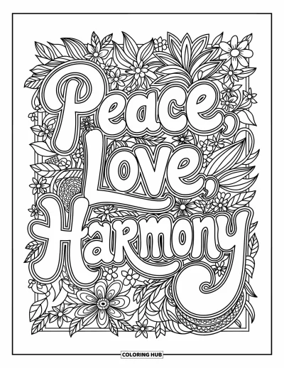 Hippie kifestő felnőtteknek: Virágokkal és indákkal keretezve a "Peace, Love, Harmony" felirat lágy, bonyolult részletességgel ragyog