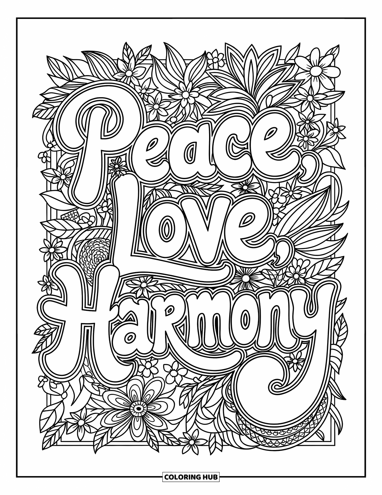 Hippie Kleurplaat voor Volwassenen: Omlijst in bloemen en wijnranken, straalt Peace, Love, Harmony in zachte, ingewikkelde details