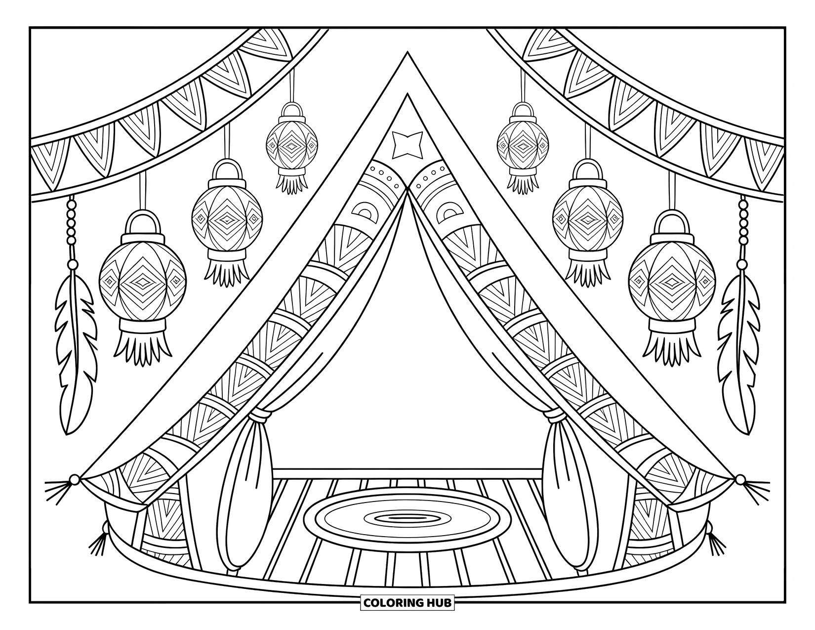 Hippie Kleurplaat voor Volwassenen: Binnenin een gezellige tent creëren lantaarns en wandkleden een kalm boho-toevluchtsoord
