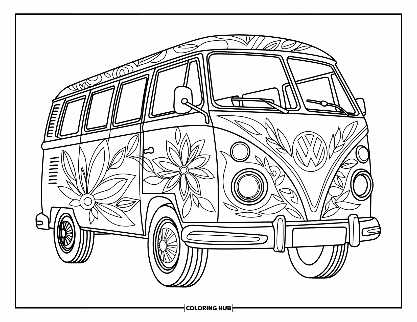 Hippie Kleurplaat voor Volwassenen: Psychedelische bloemen bedekken een VW-bus, van wervelend dak tot gedetailleerde banden