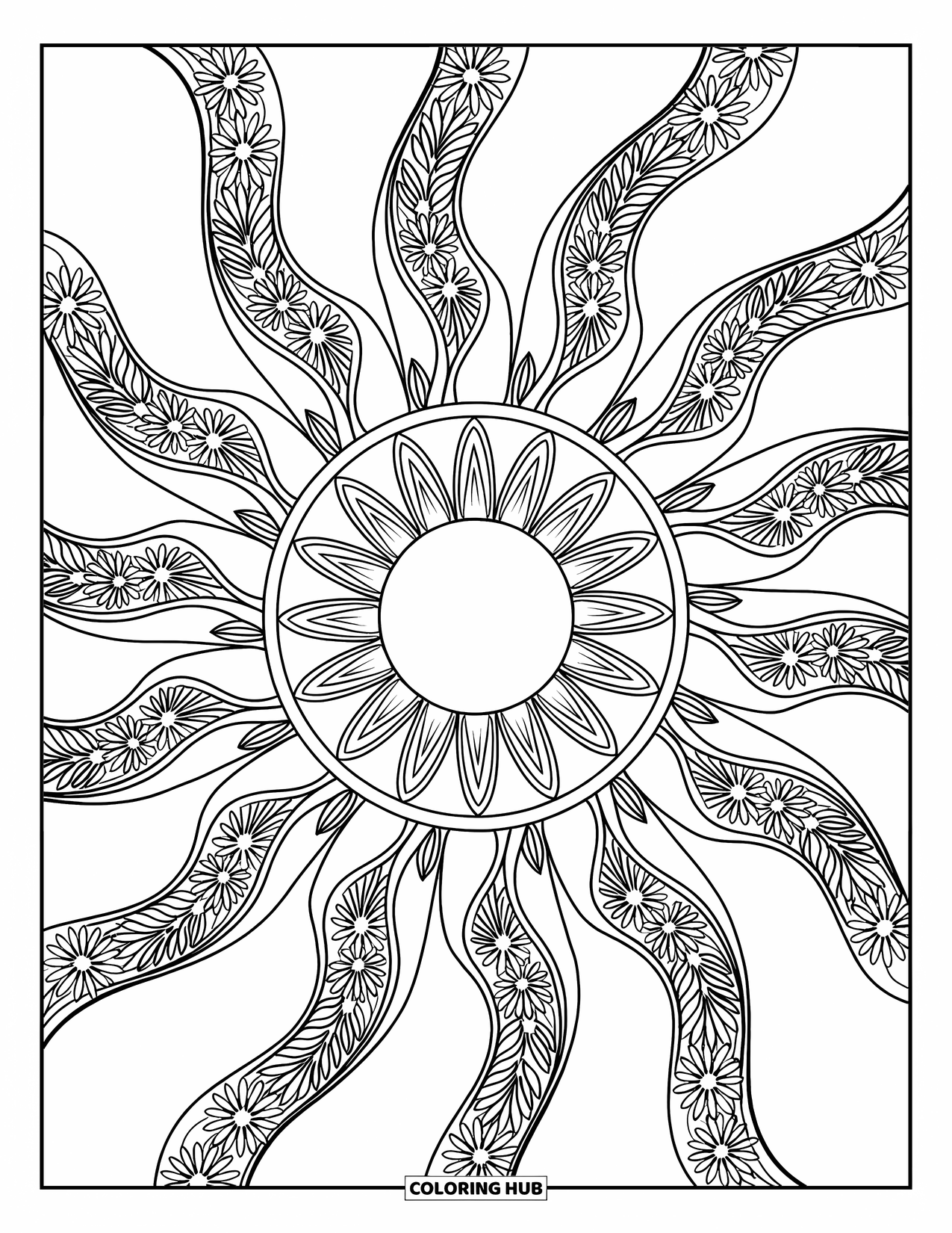 Hippie Kleurplaat voor Volwassenen: Wervelende stralen en bloemdetails stralen uit een prachtige zon in mandala-stijl