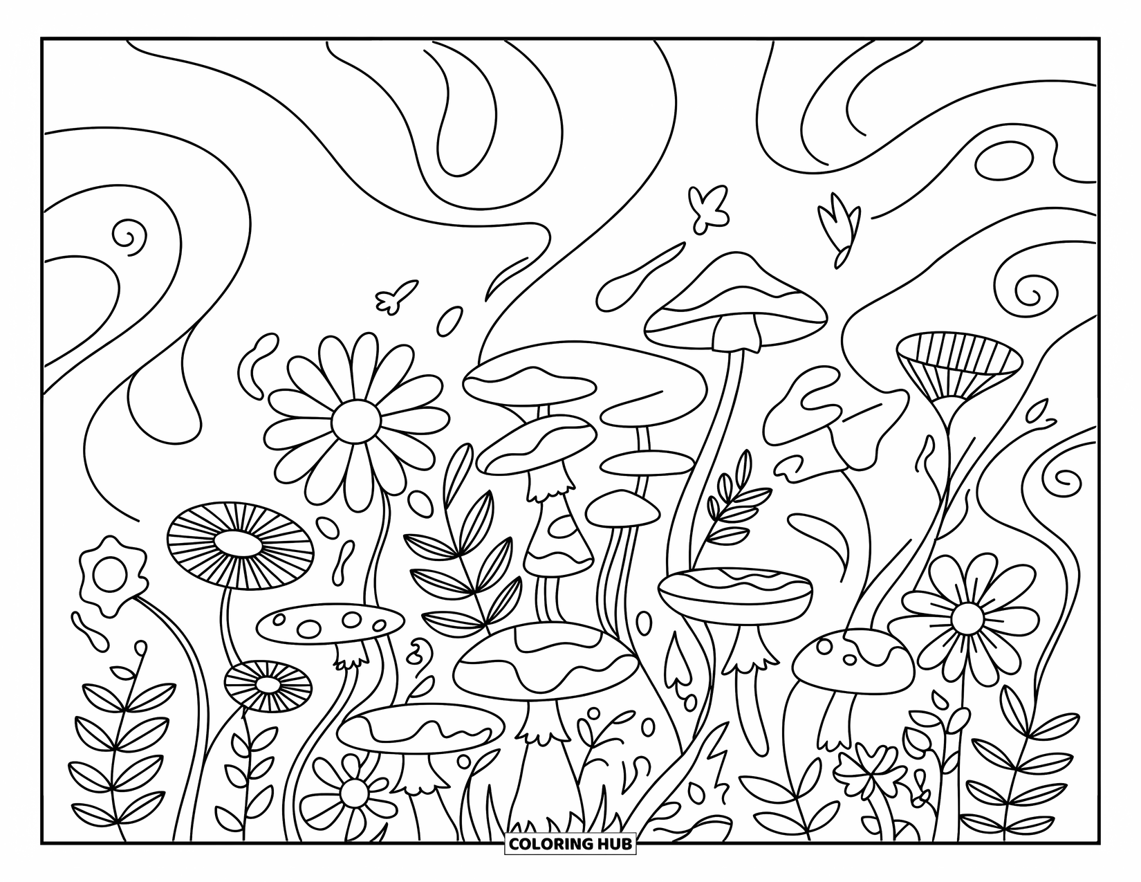 Hippie Kleurplaat voor Volwassenen: Grillige paddenstoelen en bloemen bloeien tussen wervelingen, vlinders en artistieke bladeren
