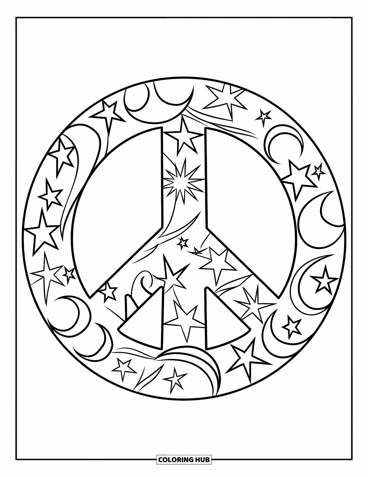 Hippie Kleurplaat voor Kinderen: Een groot vredesteken gloeit met sterren, manen en dromerige wervelingen
