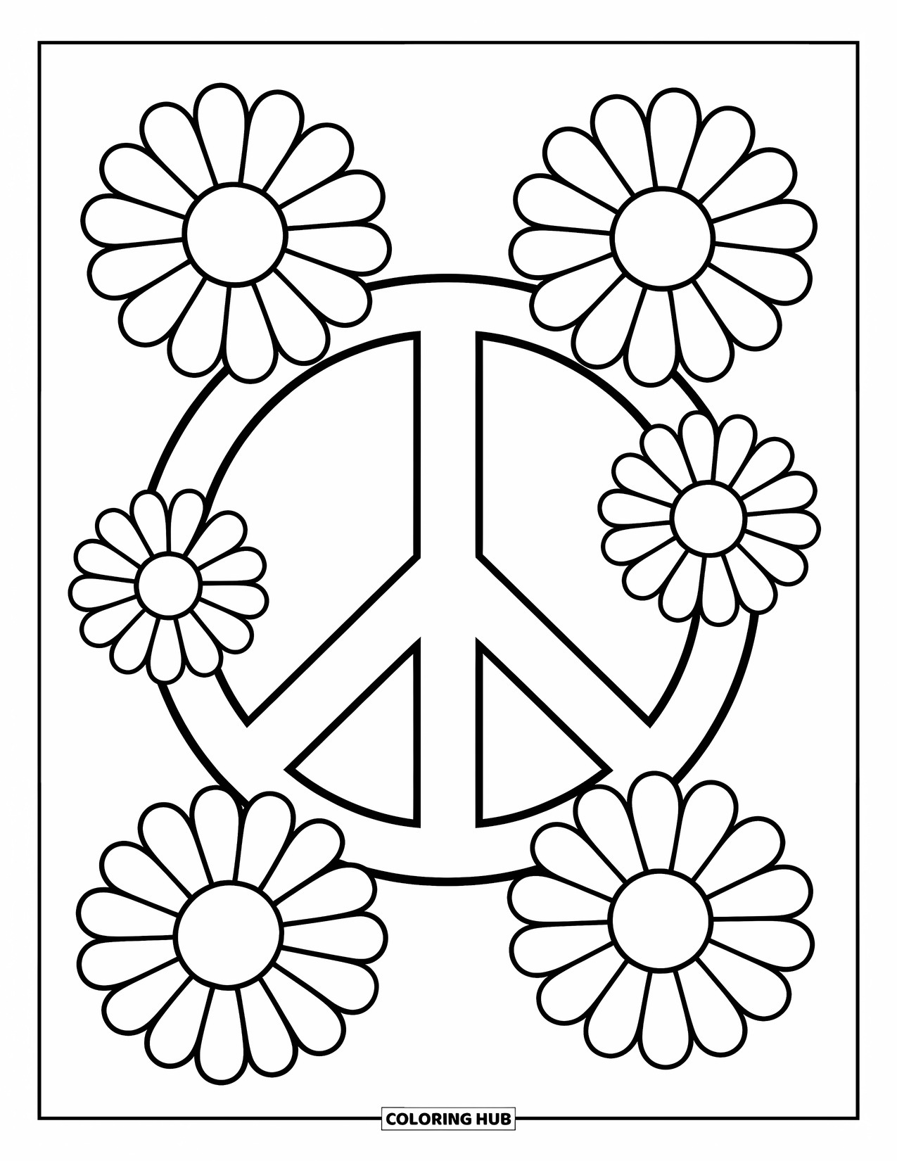 Hippie Kleurplaat voor Kinderen: Een groot vredesteken met gedurfde madeliefjes zorgt voor een vrolijke, kindvriendelijke scène