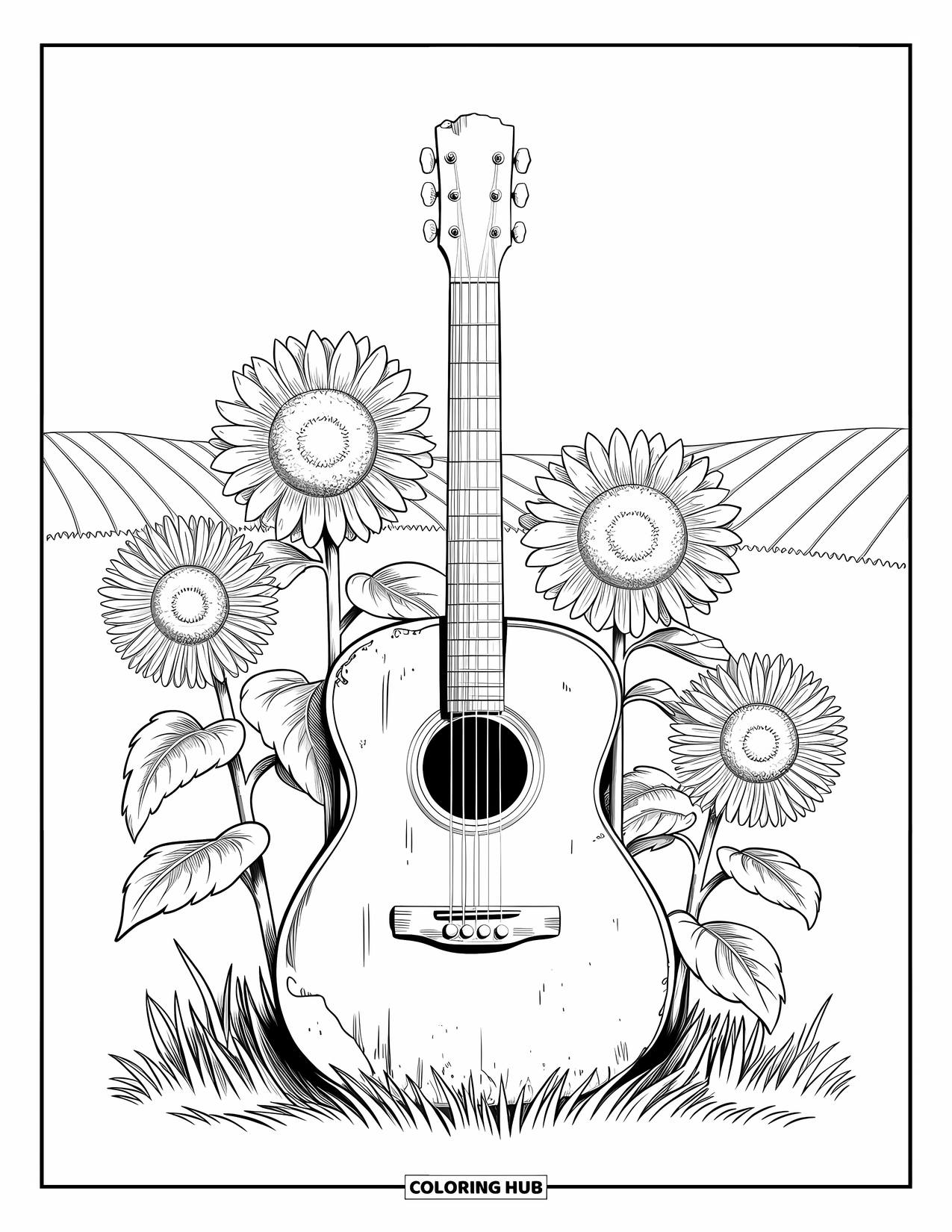 Hippie Kleurplaat voor Kinderen: Een boho-gitaar leunt tegen een zonnebloemveld in een vredig, zonnig landschap