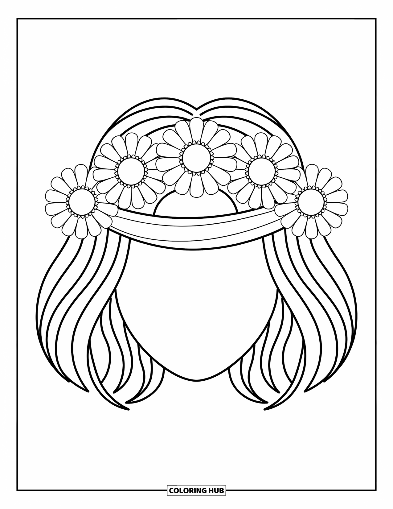 Hippie Kleurplaat voor Kinderen: Een gedurfde bloemenkrans met vijf grote bloemen rust op een gebogen hoofdband
