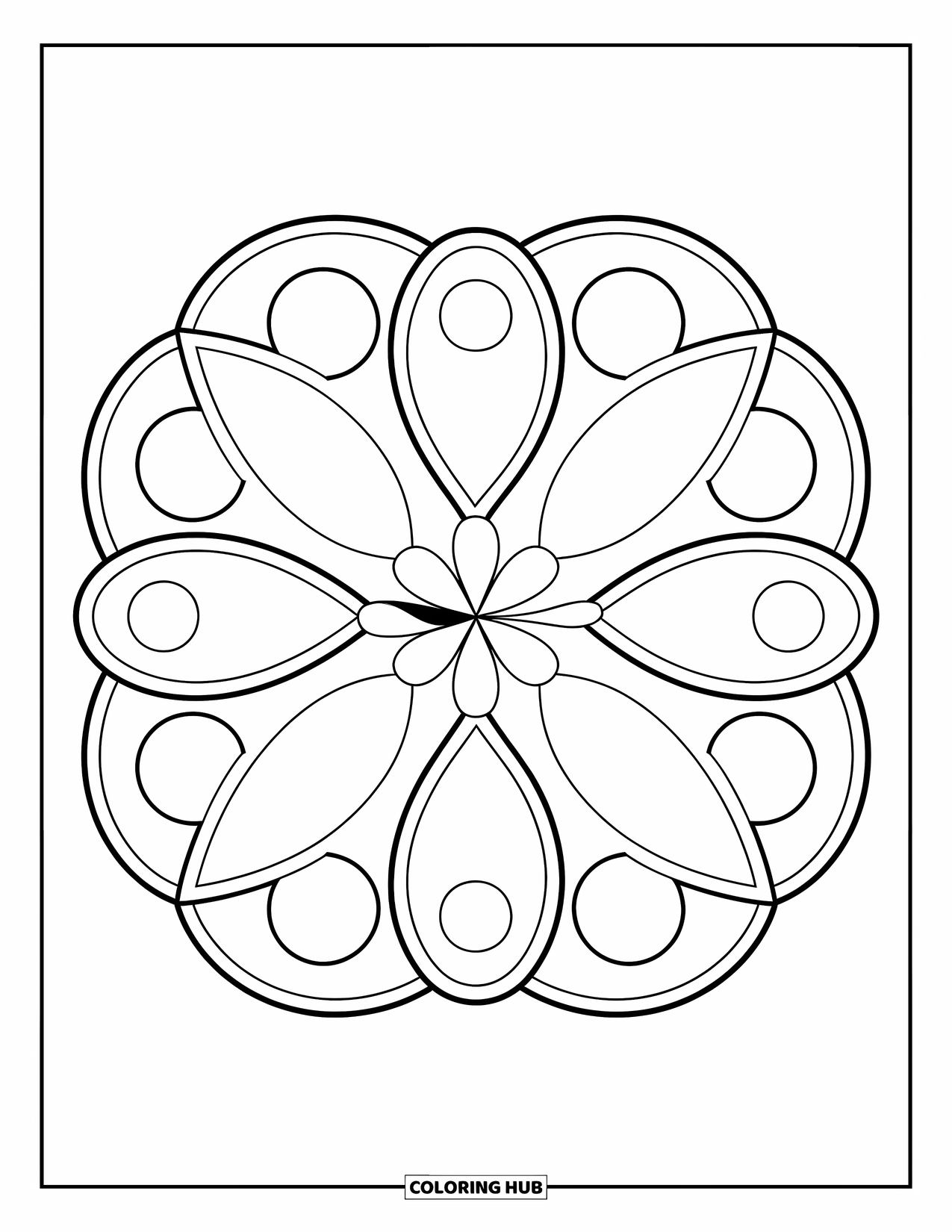 Hippie Kleurplaat voor Kinderen: Een gedurfde mandala met vier bloemblaadjes en cirkels, geweldig voor kleine kunstenaars