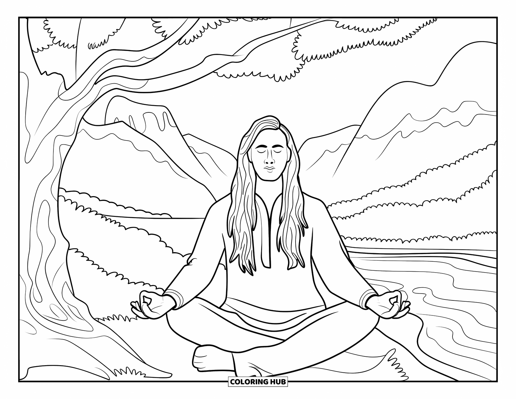 Hippie Kleurplaat voor Kinderen: Een kalme hippie zit onder een grote boom in de buurt van een rivier, omgeven door natuur en bergen