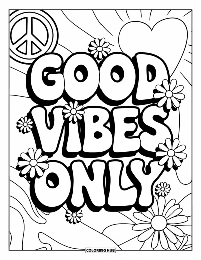 Hippie kifestő gyerekeknek: A "Good Vibes Only" felirat virágokkal, szívekkel és különleges formákkal övezve
