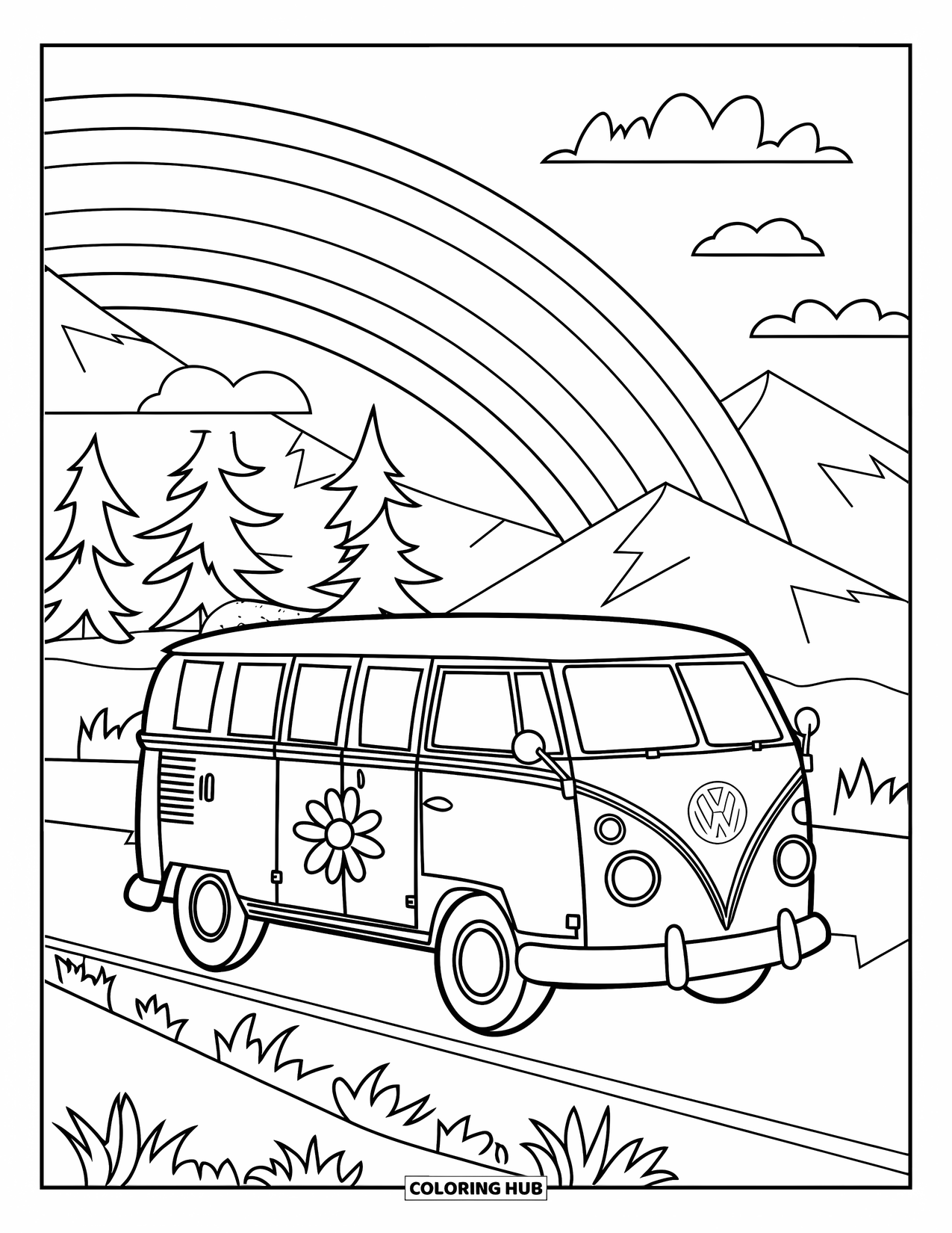 Hippie Kleurplaat voor Kinderen: Een vrolijke VW-bus en regenboogscène met bomen en bergen erachter