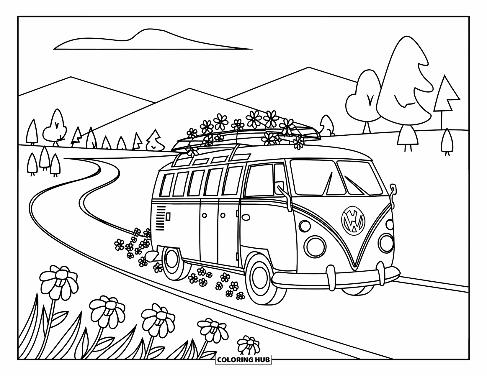 Hippie Kleurplaat voor Kinderen: Een kleurrijke VW-bus rijdt over een weg met bloemen die erachter zweven