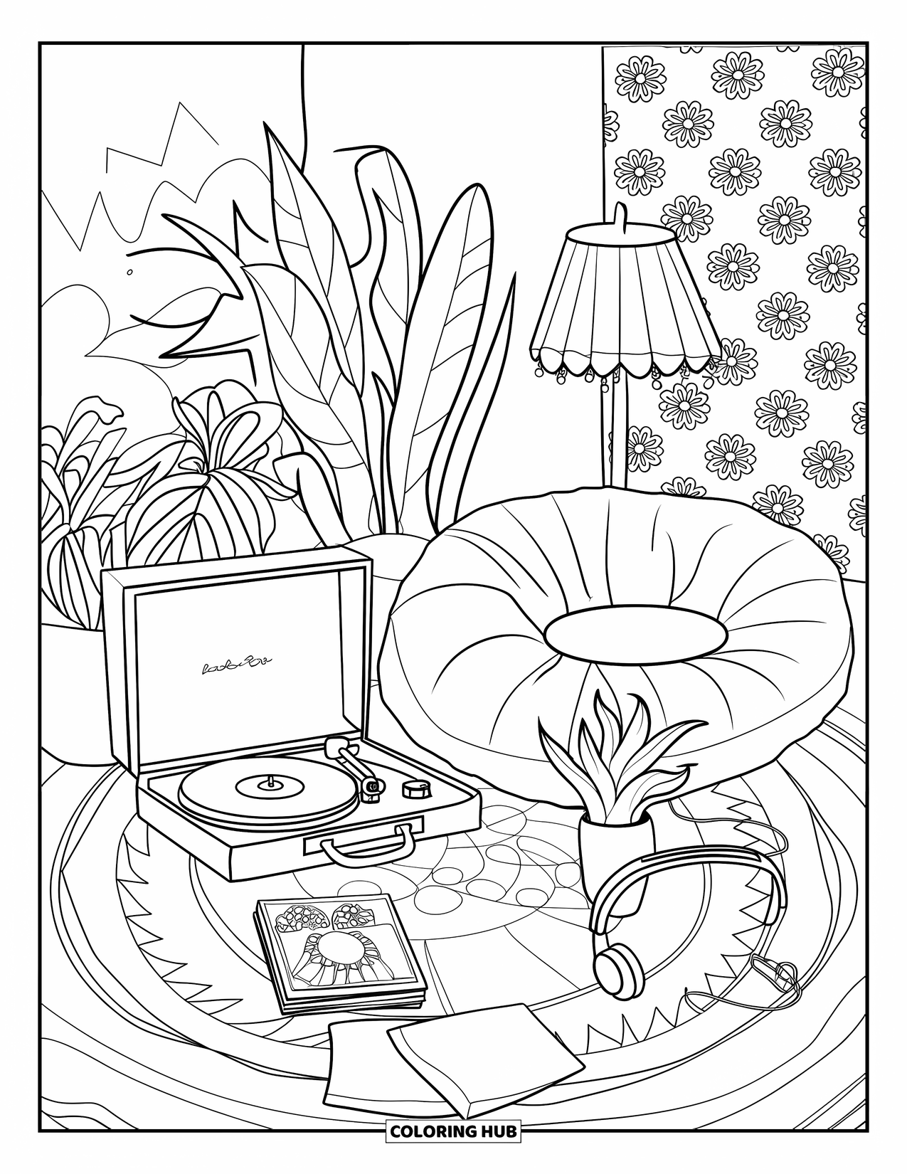 Hippie Kleurplaat voor Kinderen: Een gezellige boho-kamer met een zitzak, platenspeler, planten en vintage vibes