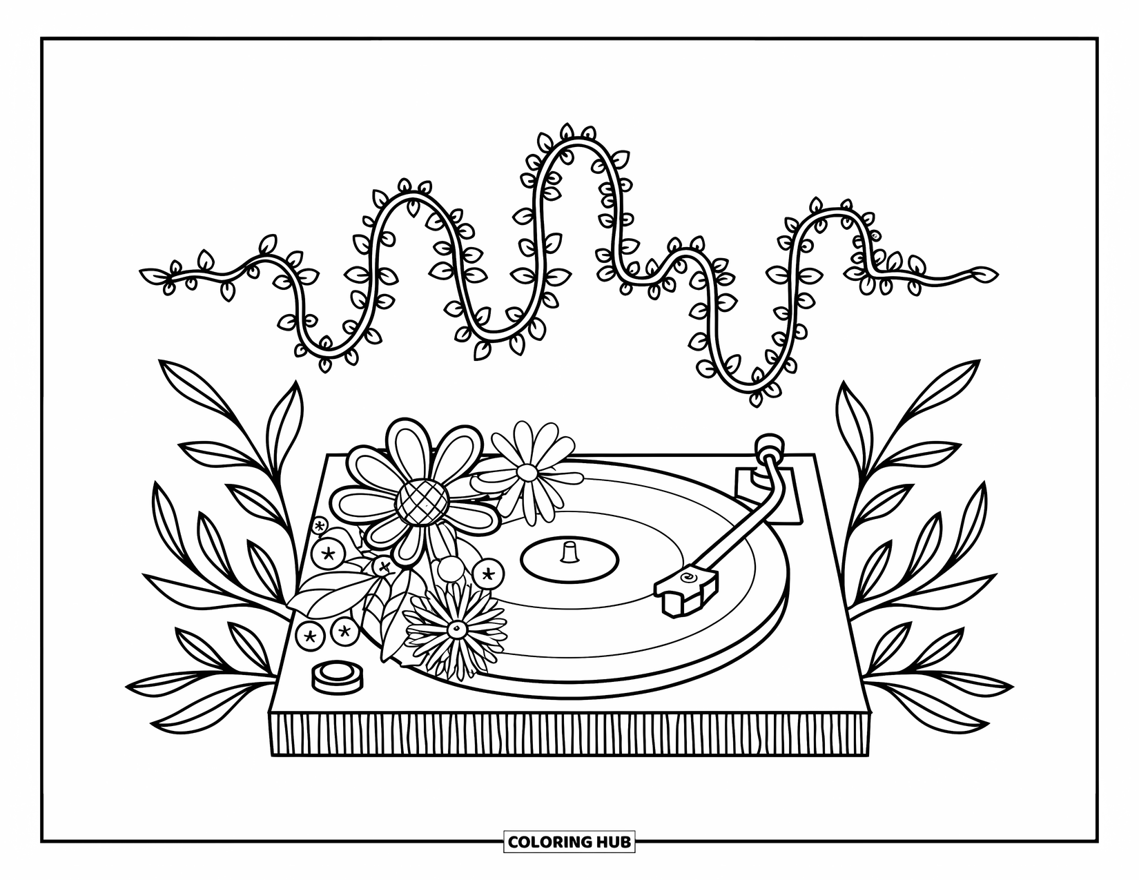 Hippie Kleurplaat voor Kinderen: Een gezellige platenspeler met een bloemrijke luidspreker speelt muziek die stroomt als krullende wijnranken